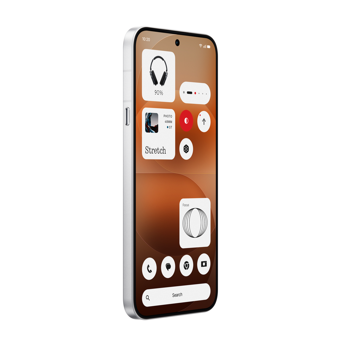 Ein Smartphone zeigt Widgets für Kopfhörer, Fotos, Fokus und mehr.