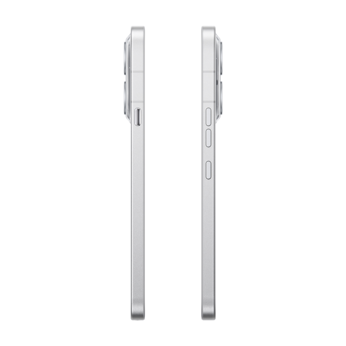 Zwei silberne Smartphones, von der Seite gezeigt, auf weißem Hintergrund.