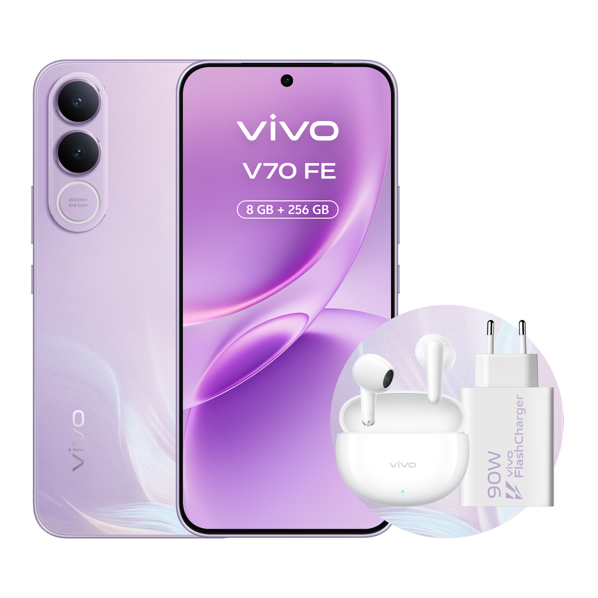 Fioletowy smartfon Vivo V70 FE ze słuchawkami i ładowarką.