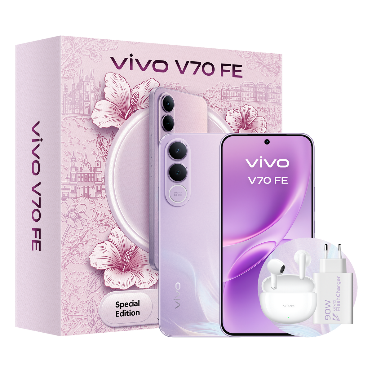 Fioletowy smartfon Vivo V70 FE z pudełkiem, słuchawkami i ładowarką.
