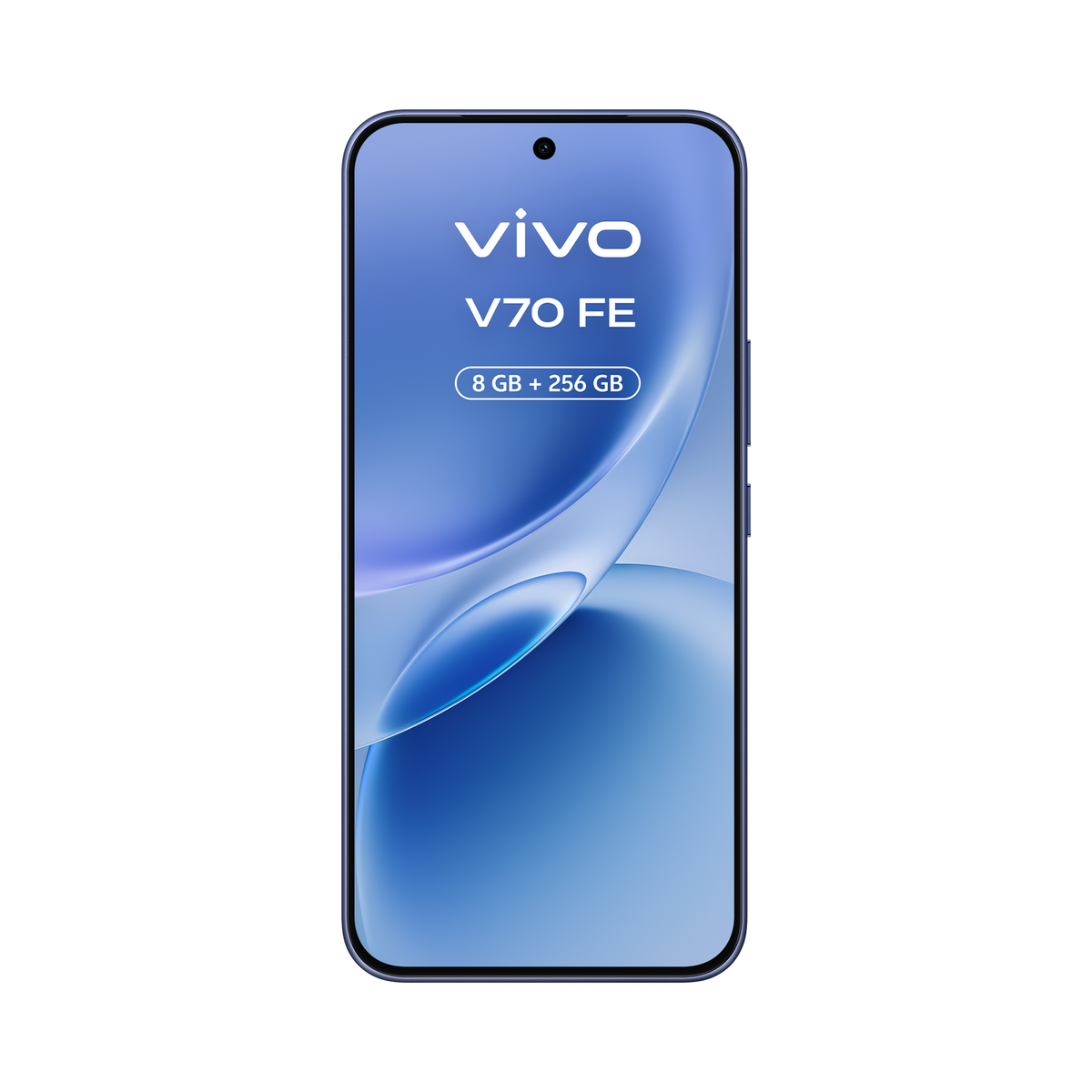 Niebieski smartfon Vivo V70 FE z pamięcią 8GB+256GB na czarnym tle.