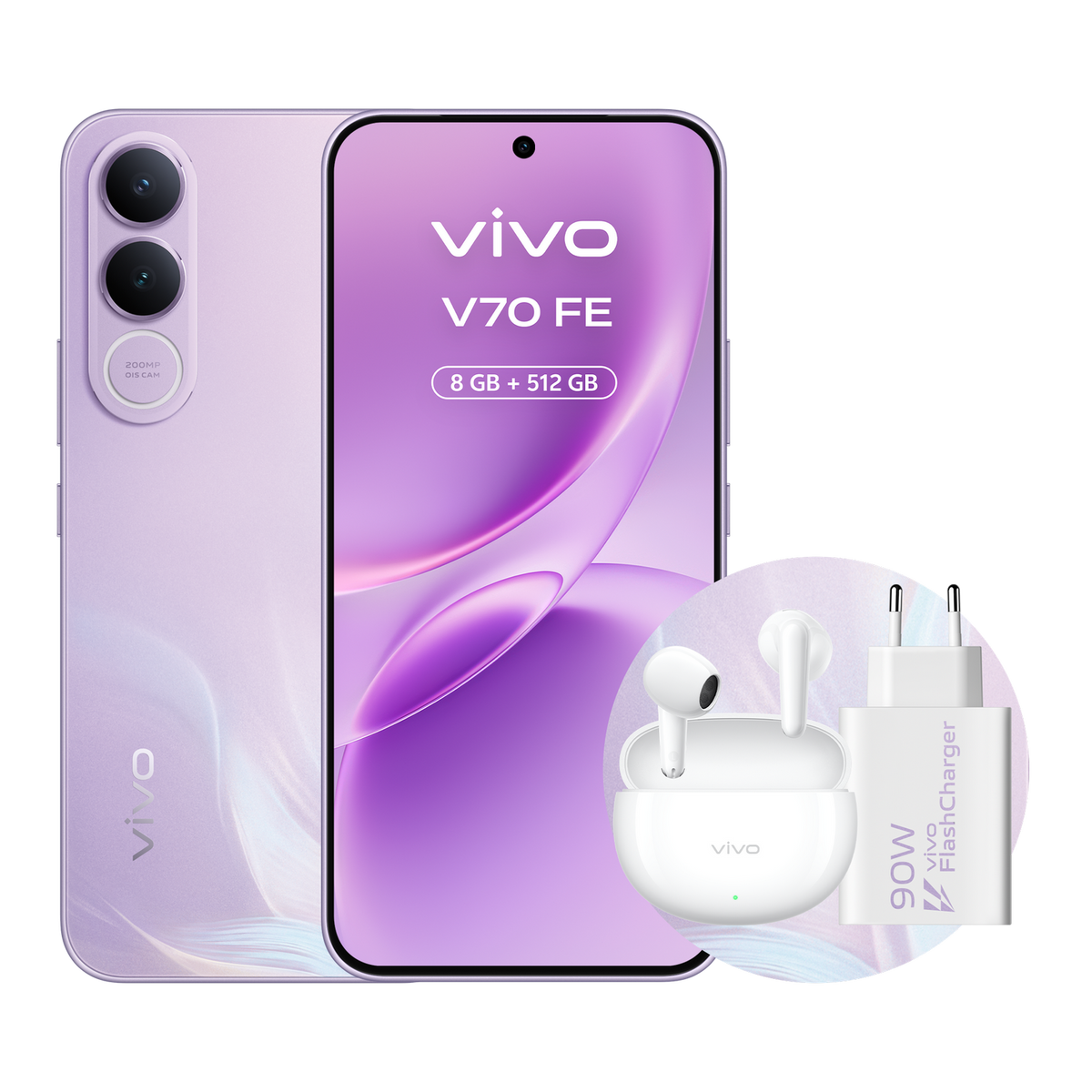 Fioletowy telefon Vivo V70 FE ze słuchawkami i ładowarką 90W.