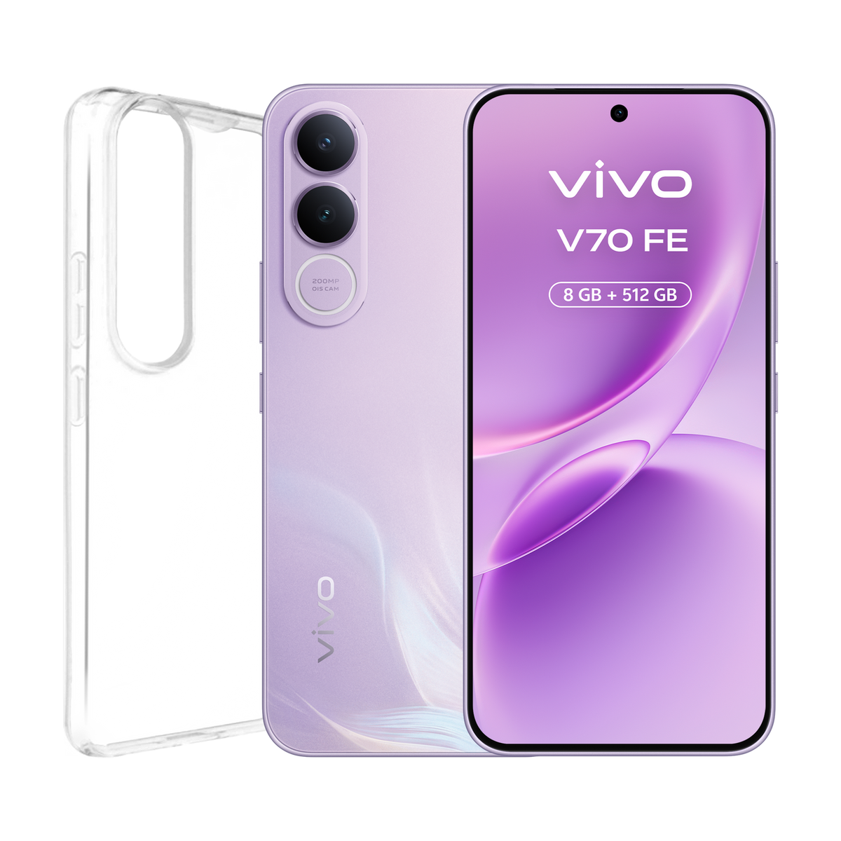 Fioletowy telefon Vivo V70 FE i przezroczyste etui na czarnym tle.