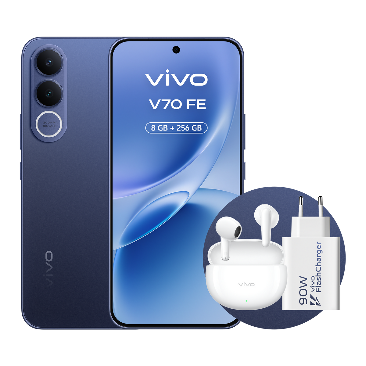 Niebieski smartfon Vivo V70 FE ze słuchawkami i ładowarką 90W.