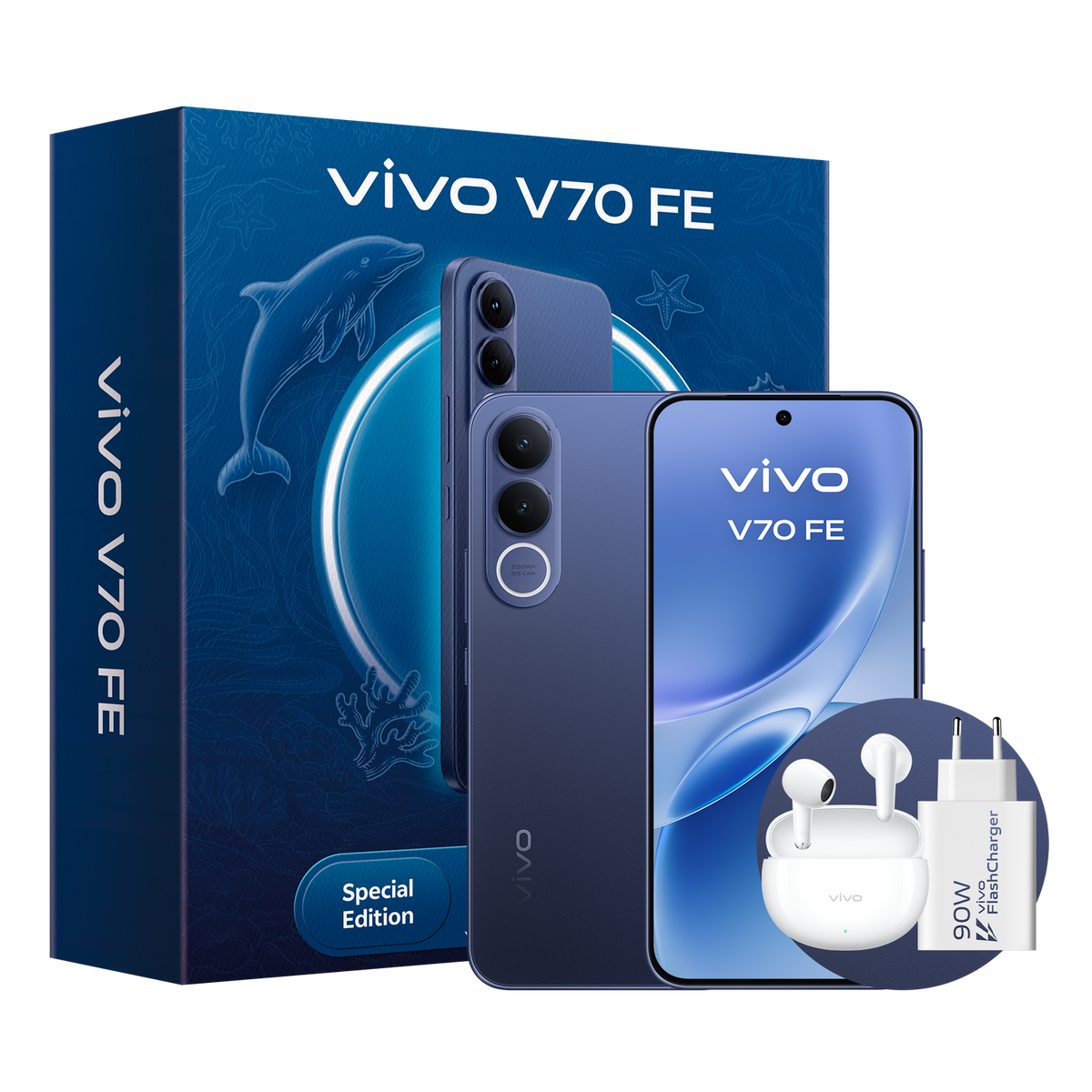 Niebieski telefon Vivo V70 FE, pudełko, słuchawki i ładowarka. Edycja Specjalna.