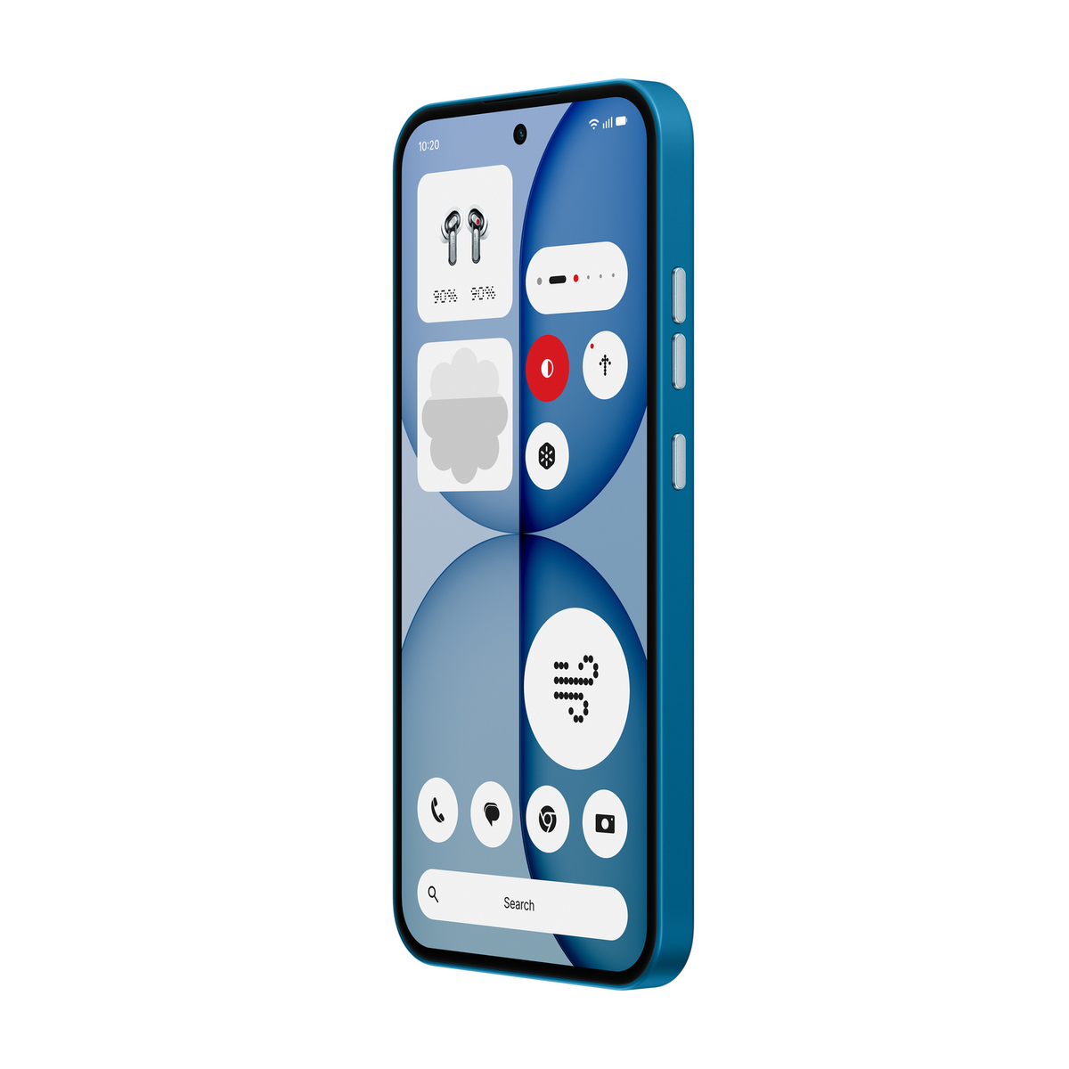 Niebieski smartfon wyświetla widżety słuchawek, pogody i sterowania na ekranie.