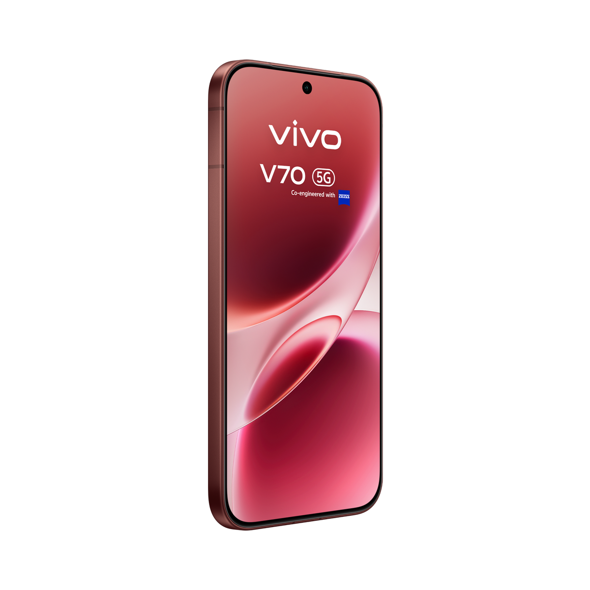 Różowo-złoty smartfon Vivo V70 5G z technologią Zeiss, na czarnym tle.