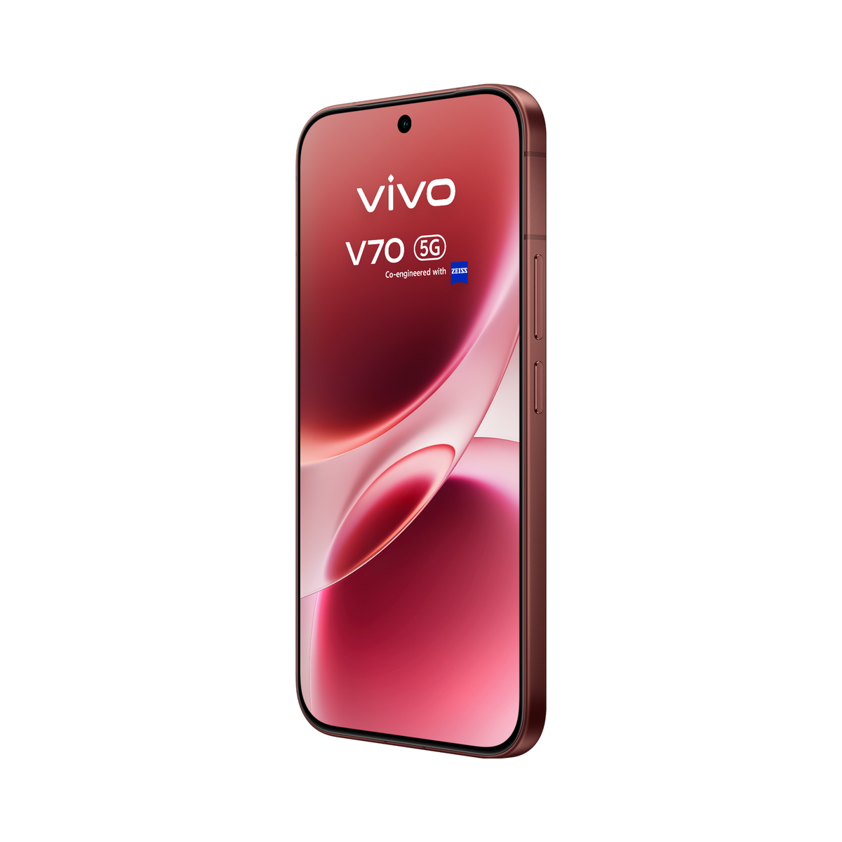 Brązowy smartfon Vivo V70 5G z logo ZEISS na czarnym tle.
