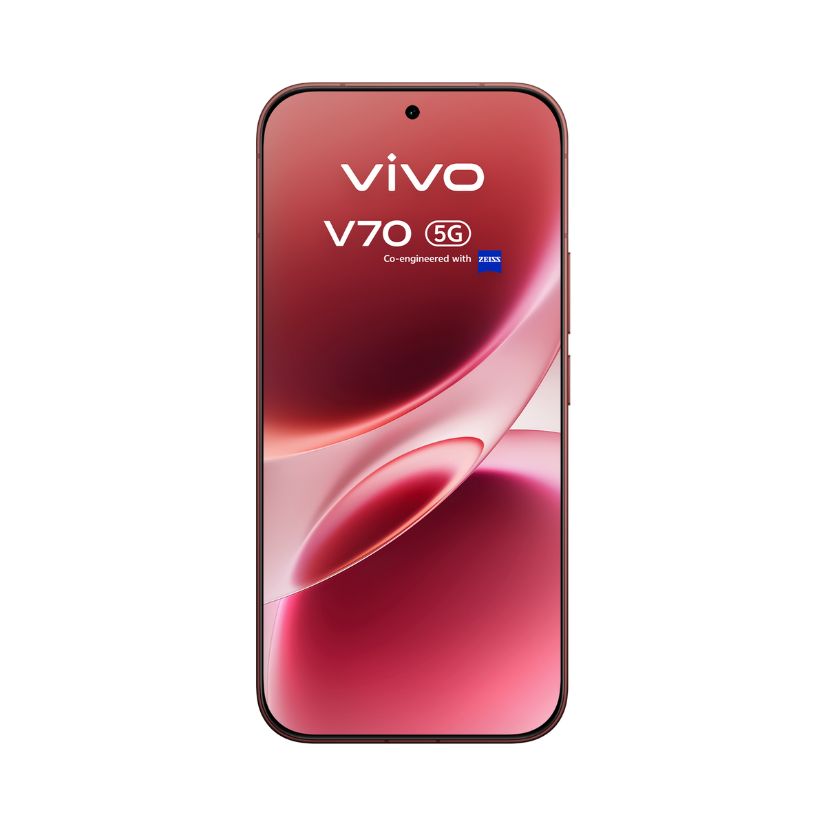 Czerwony smartfon Vivo V70 5G z technologią Zeiss na czarnym tle.