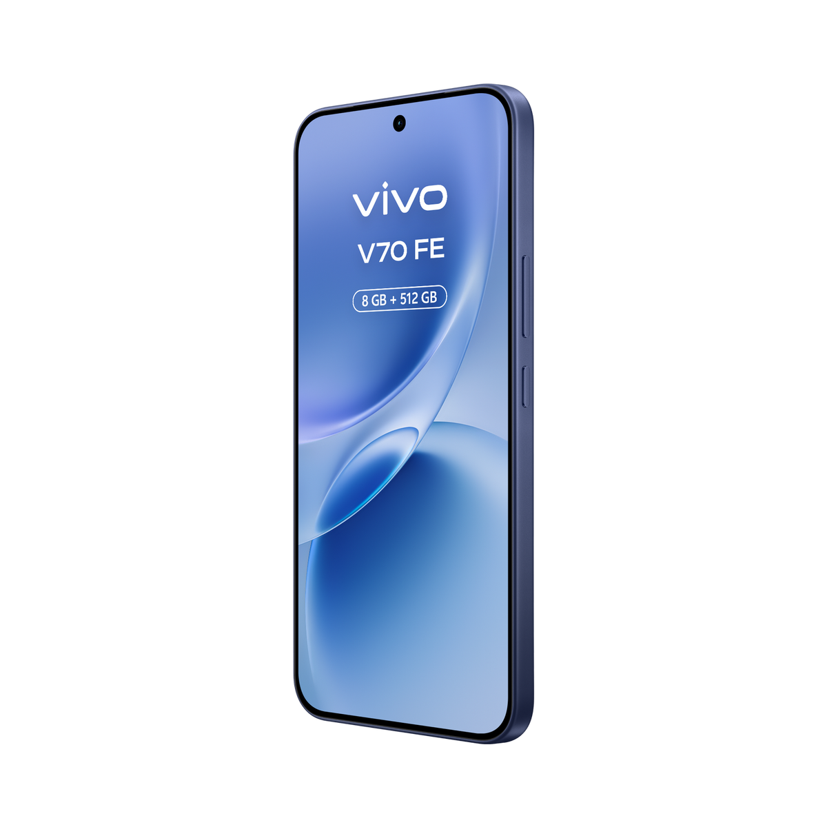 Niebieski smartfon Vivo V70 FE z 8 GB + 512 GB pamięci, na czarnym tle.