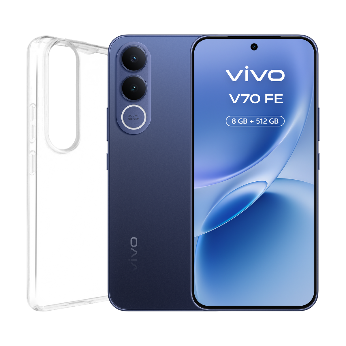 Fioletowy telefon Vivo V70 FE z przezroczystym etui, wyświetla 8 GB + 512 GB.