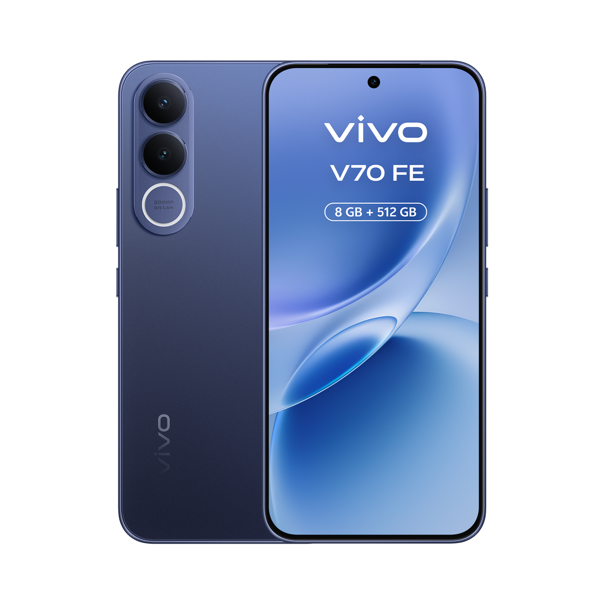 Niebieski smartfon Vivo V70 FE z trzema tylnymi aparatami.