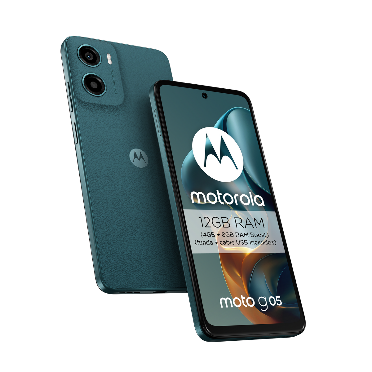 Turkusowy telefon Motorola Moto G05 z 12 GB RAM, podwójnym aparatem.