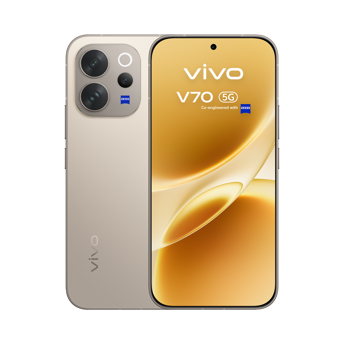 Złoty smartfon Vivo V70 5G z potrójnym aparatem na czarnym tle.
