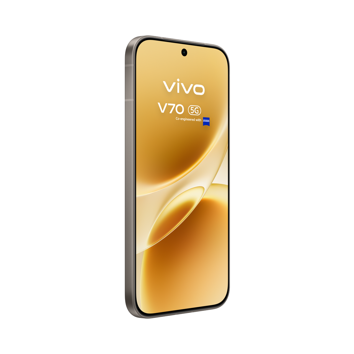 Srebrny smartfon Vivo V70 5G na złotym tle.