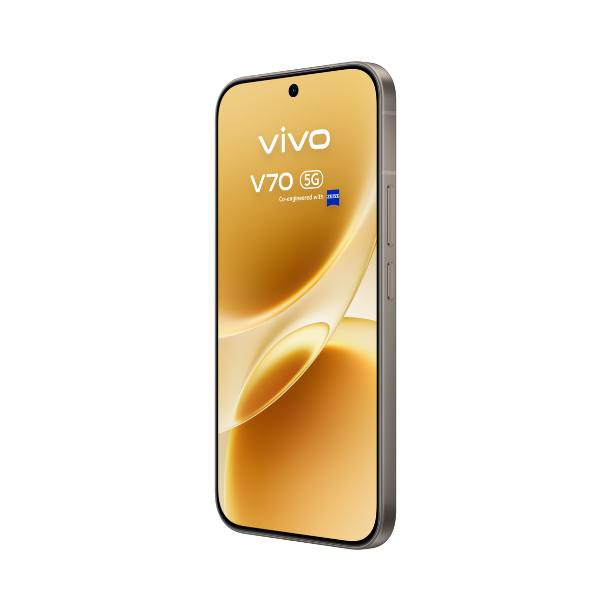 Smartfon Vivo V70 5G na złotym tle.