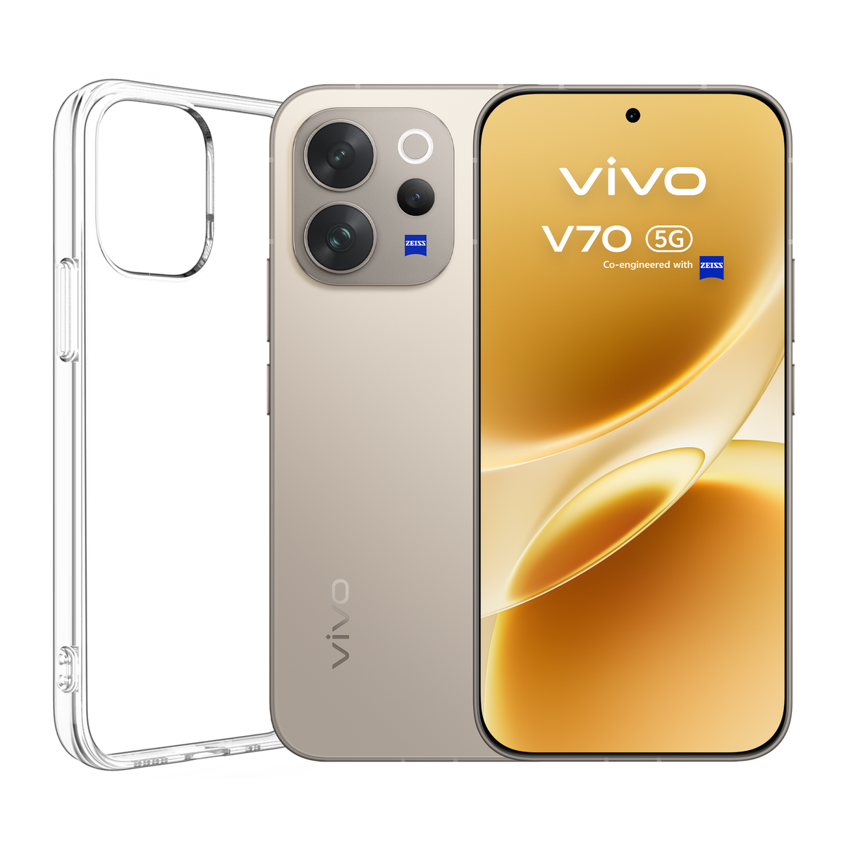 Przezroczyste etui na telefon leży obok złotego smartfona Vivo V70 5G.