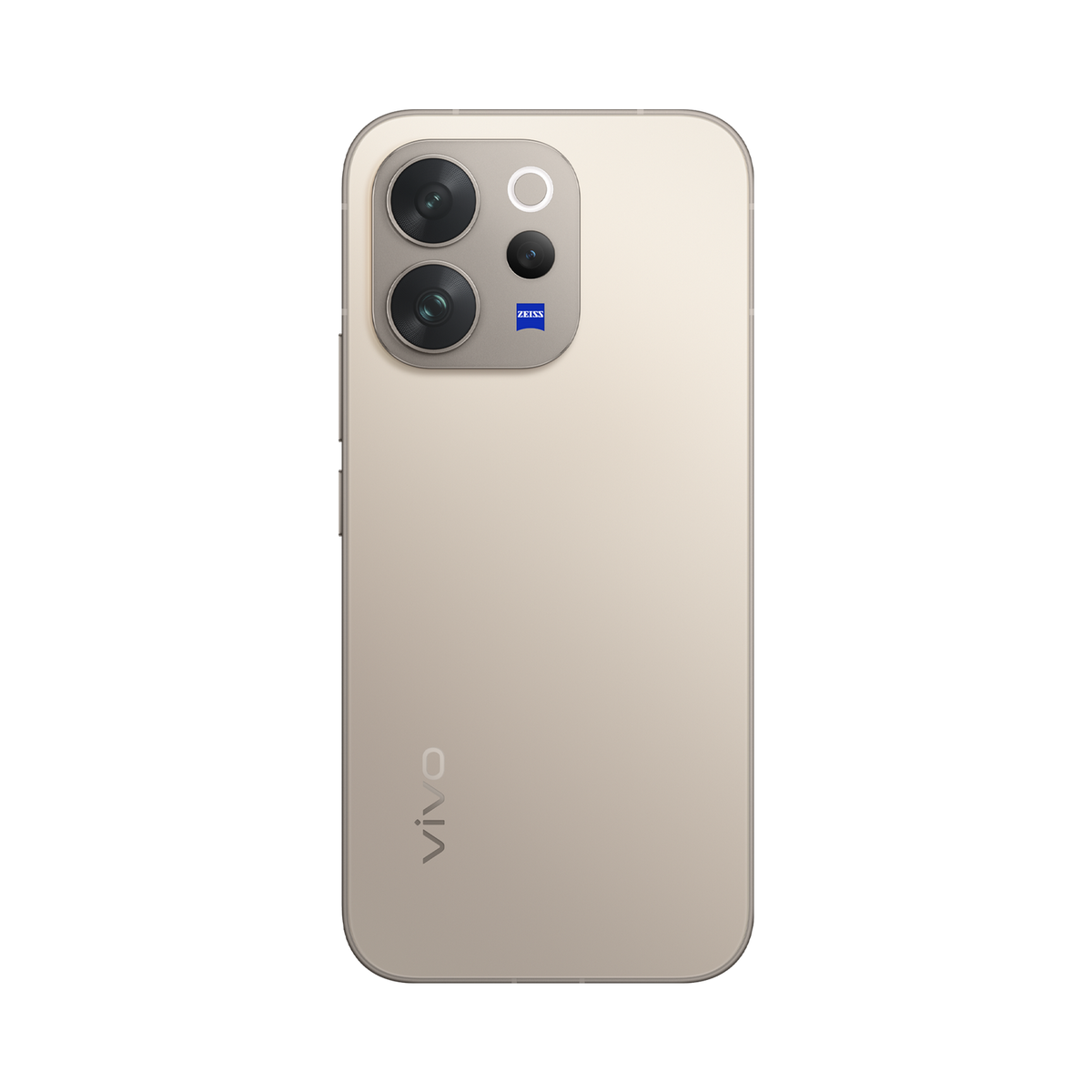 Tył jasnobeżowego smartfona z potrójnym aparatem i logo ZEISS.