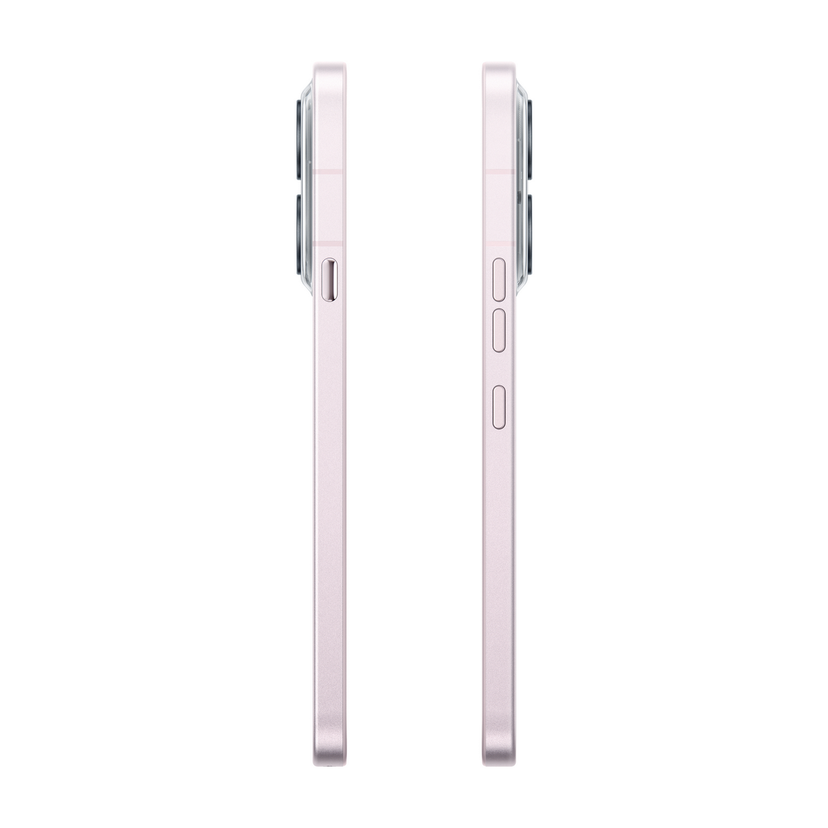 Zwei rosa Smartphones, Seitenansicht. Eines hat einen Knopf, das andere drei.