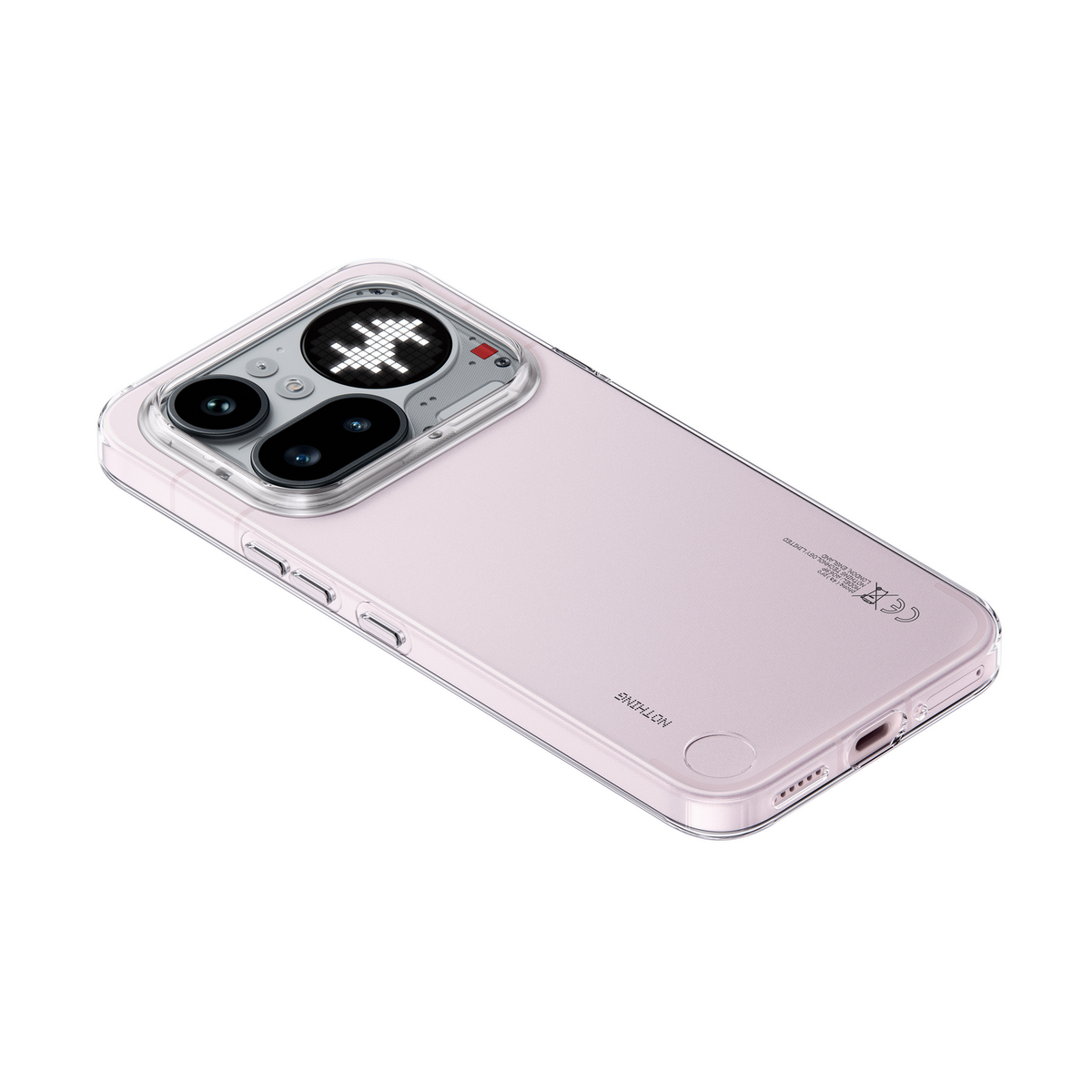 Ein durchsichtiger Handyhülle auf einem hellrosa Telefon mit Kameras. Die Hülle hat ein Pixel-Design.