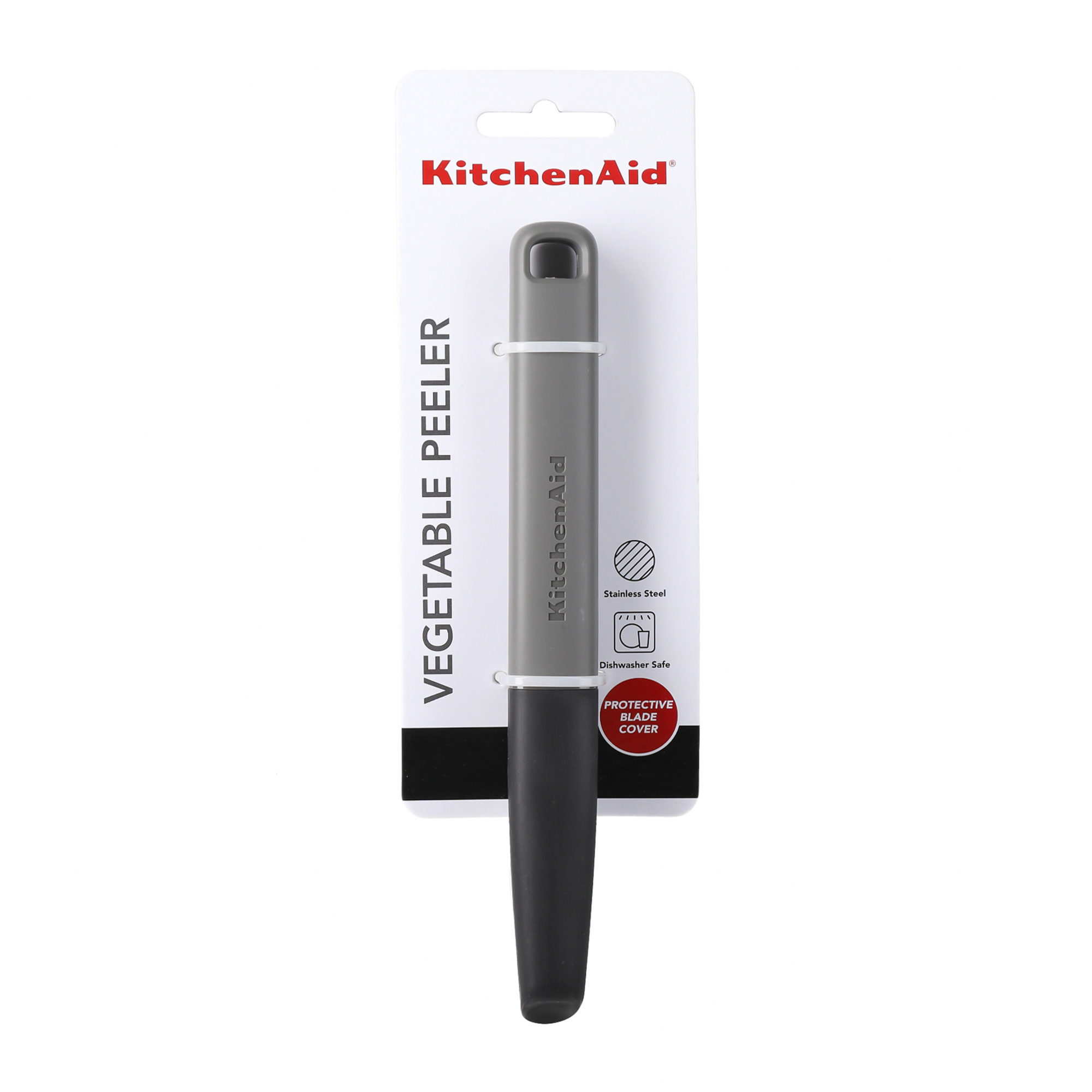 Ein grauer KitchenAid Gemüseschäler mit schwarzem Griff in Verpackung.