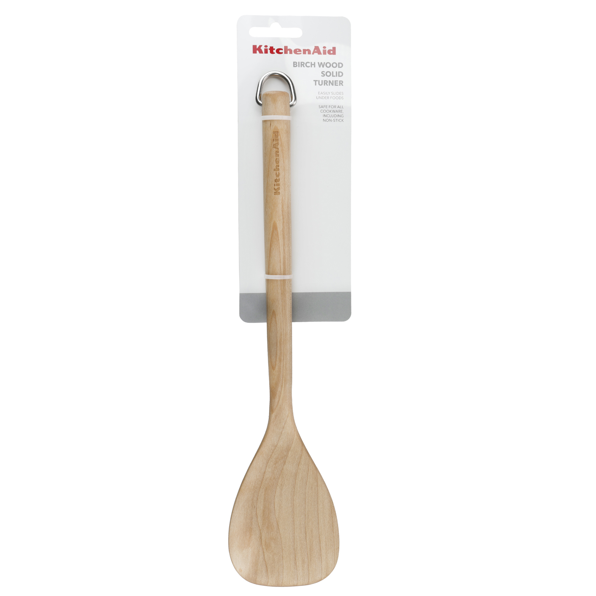 Ein KitchenAid Birkenholz-Wender mit Metallring und Aufhängeöse.