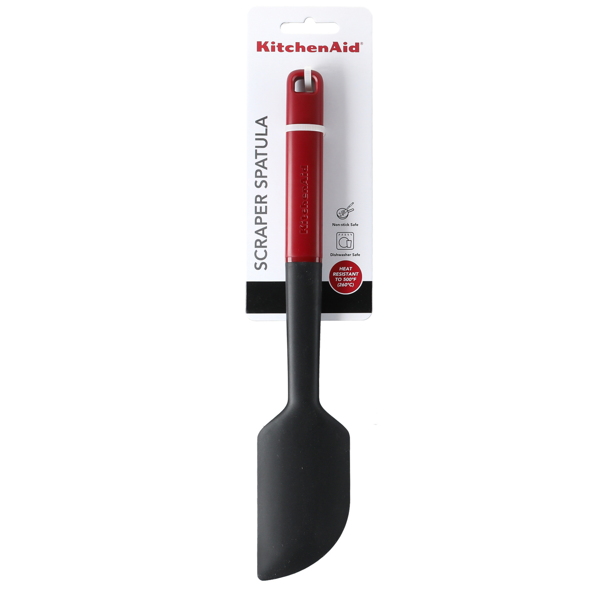 Ein roter KitchenAid Schaber-Spatel mit schwarzem Silikonkopf ist auf weißem Hintergrund verpackt.