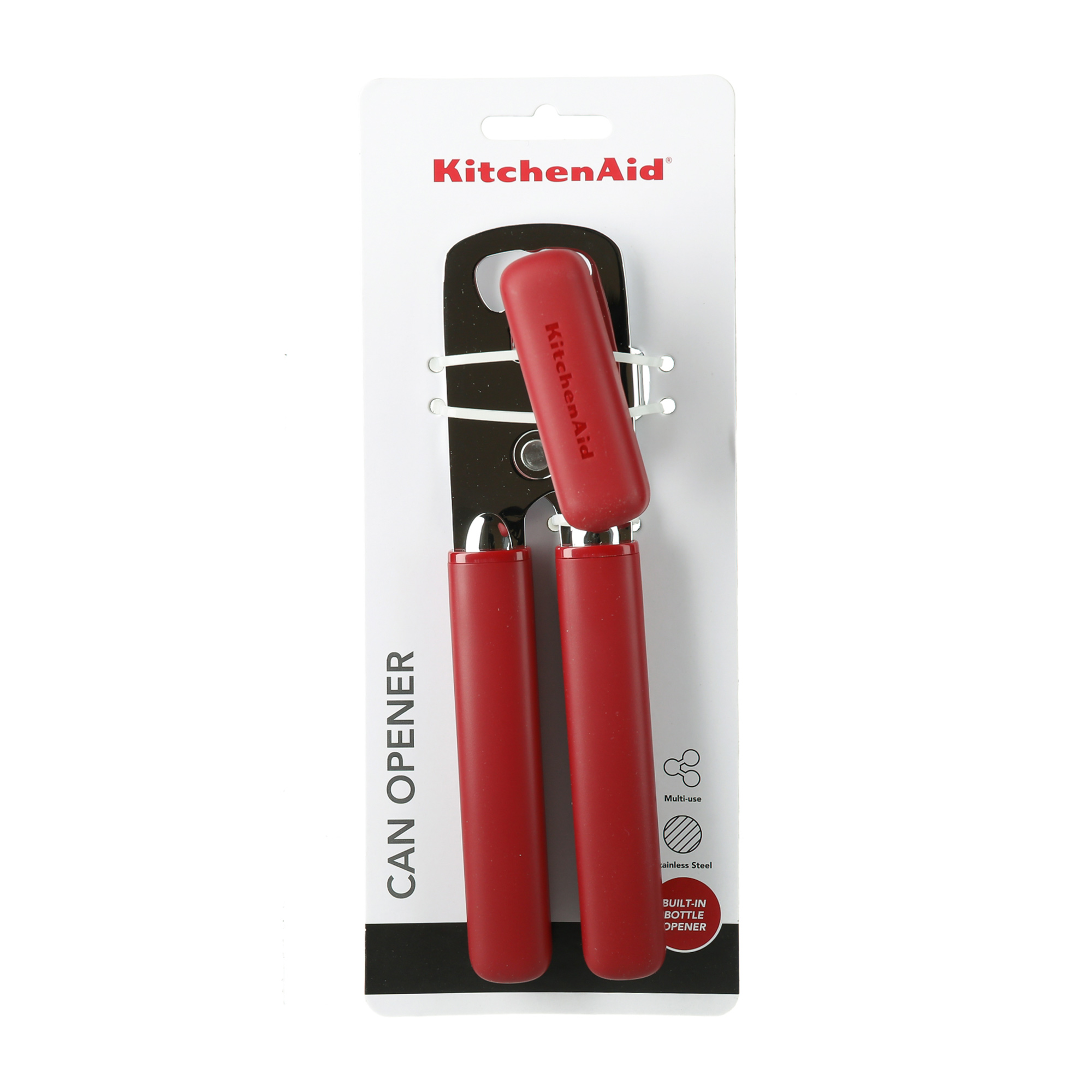 Roter KitchenAid Dosenöffner mit Flaschenöffner im Einzelhandels-Display.