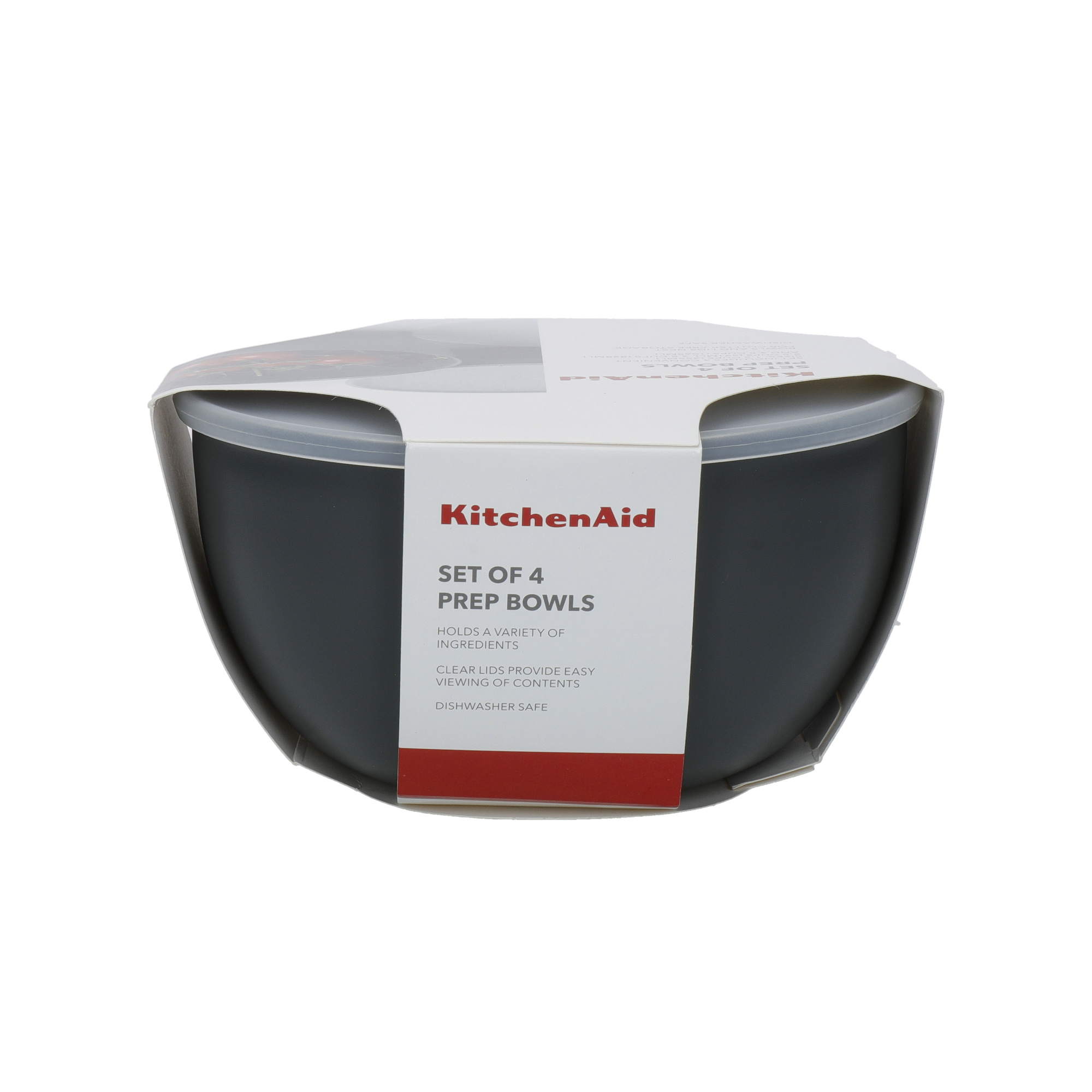 Ein Set aus 4 grauen KitchenAid Schüsselchen mit klaren Deckeln.