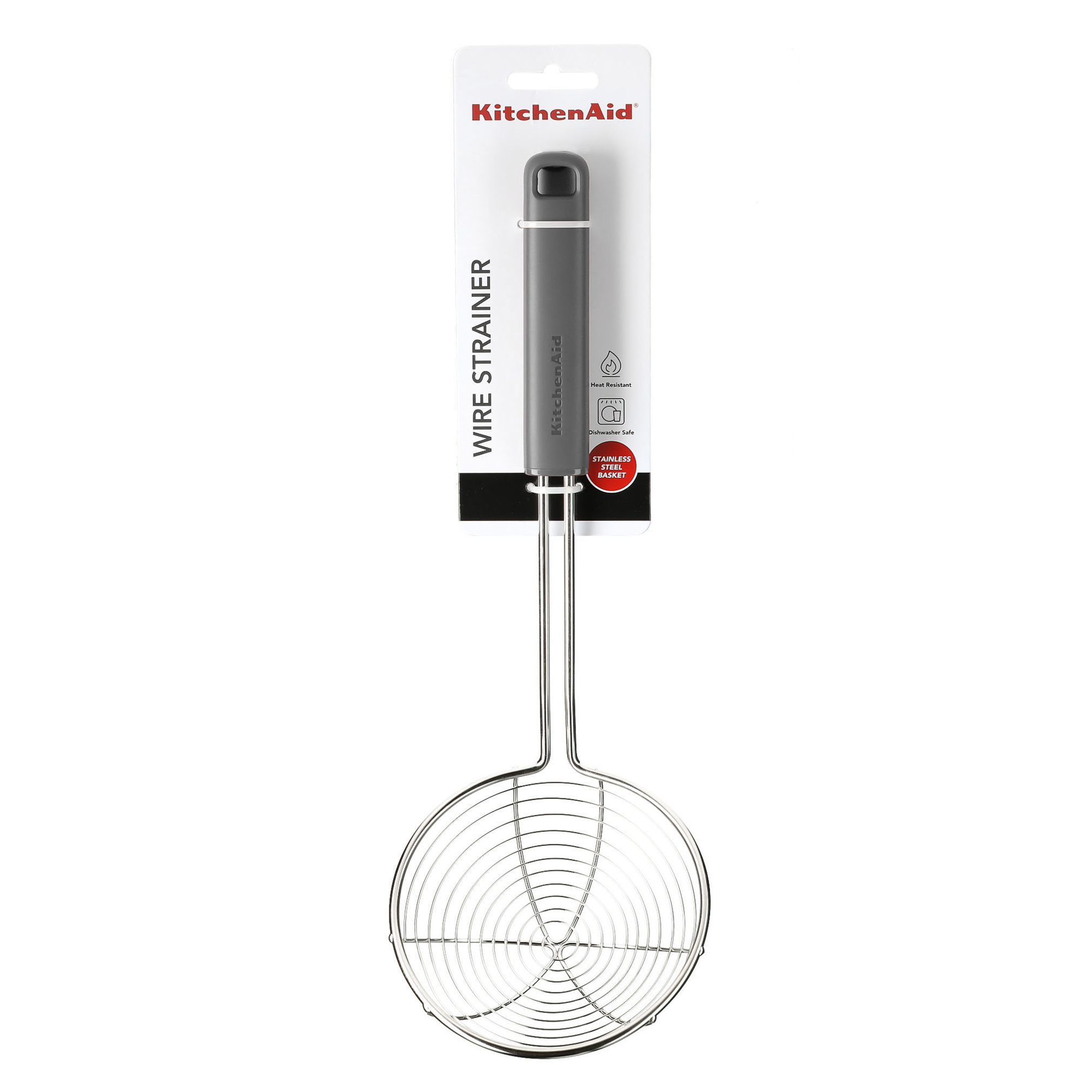 KitchenAid Drahtsieb mit grauem Griff und Edelstahlkorb.