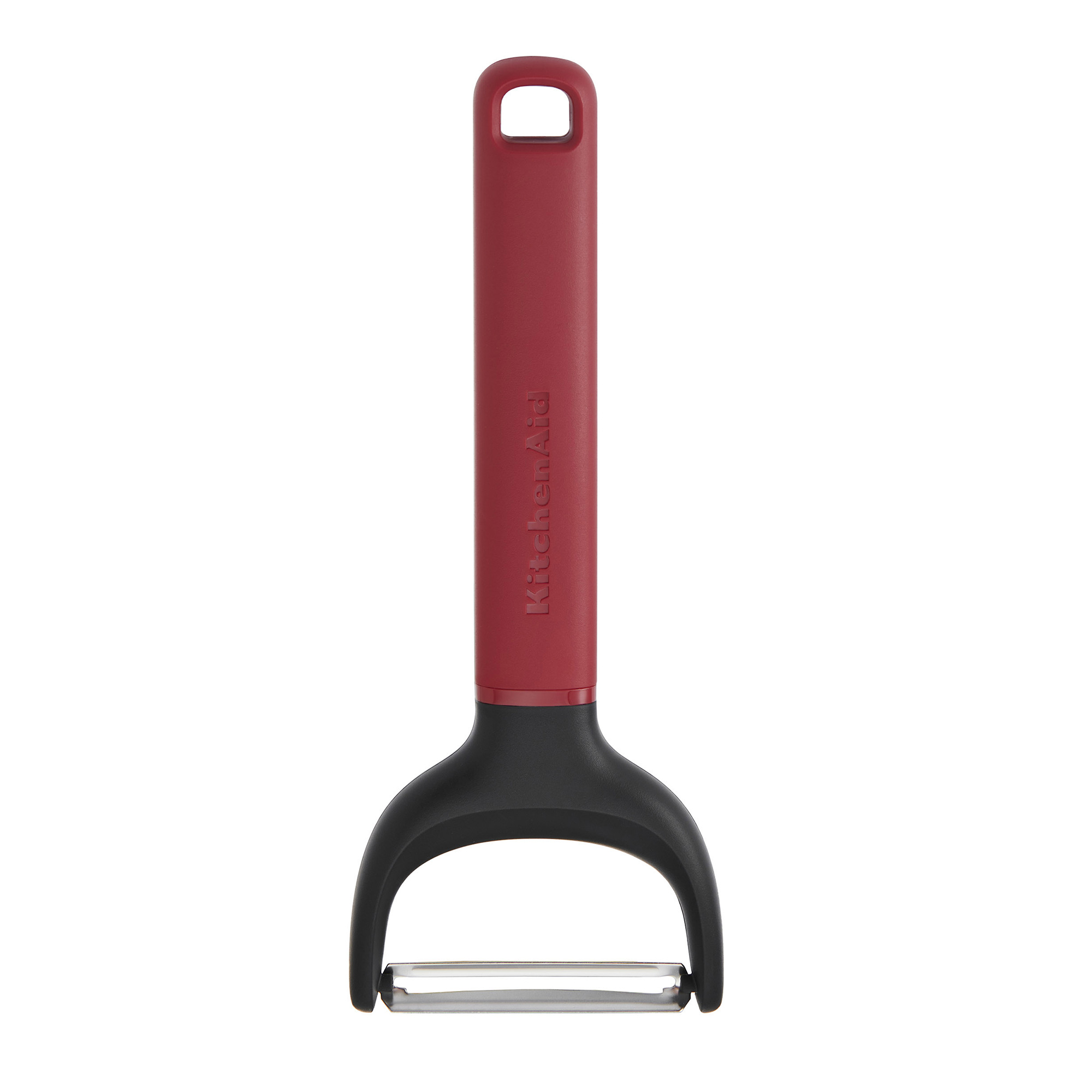 Ein roter KitchenAid-Schäler mit schwarzem Griff und silberner Klinge.