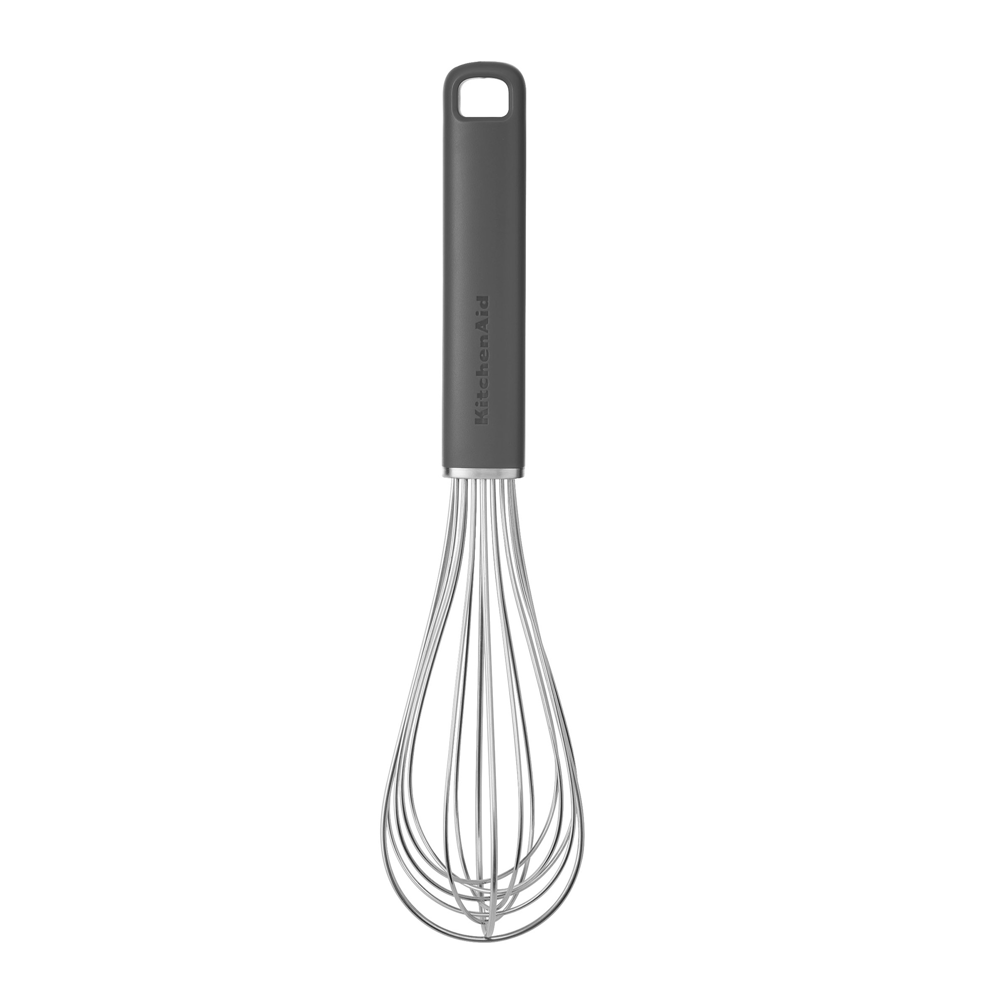 Grauer KitchenAid Schneebesen mit silbernen Drähten und Aufhängeschlaufe.