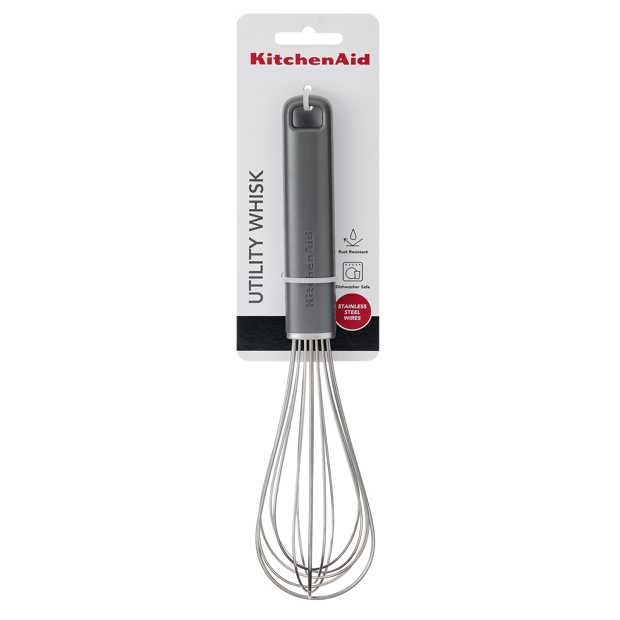 Grauer KitchenAid Schneebesen mit Edelstahl-Drahtschlaufen, verpackt.
