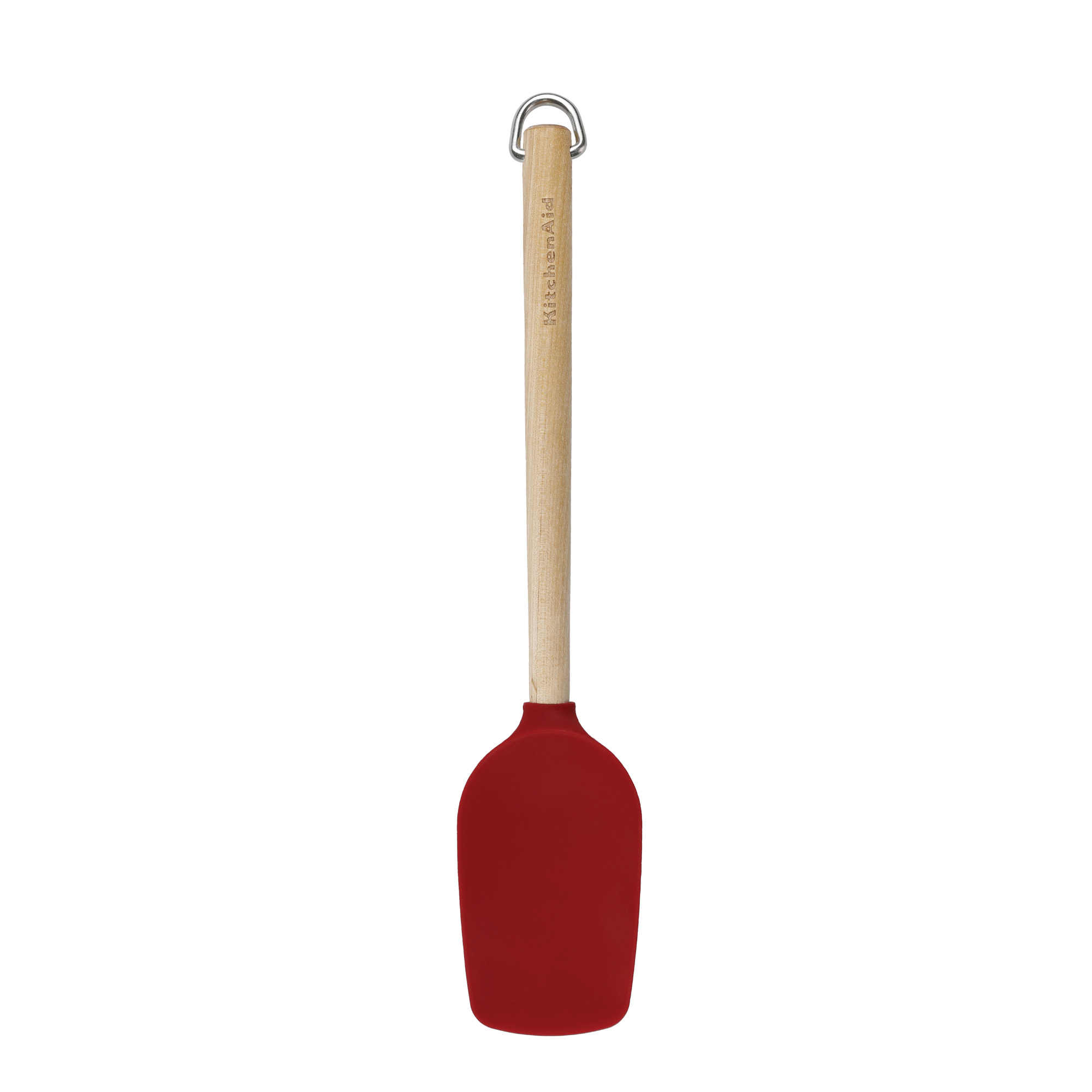 Ein roter Silikonspatel mit Holzgriff und Aufhänger.