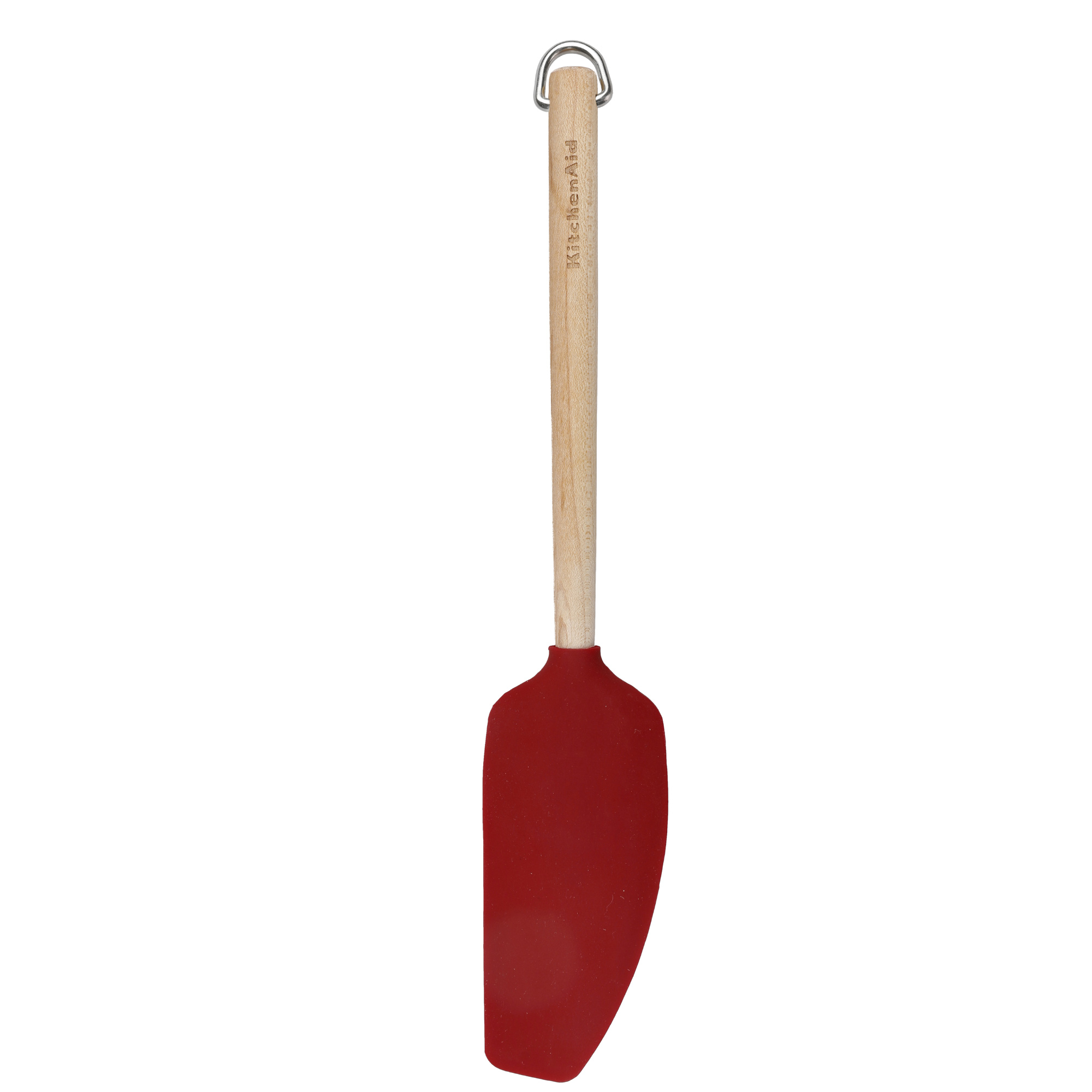 Ein roter Silikonspatel mit Holzgriff und Metallring.