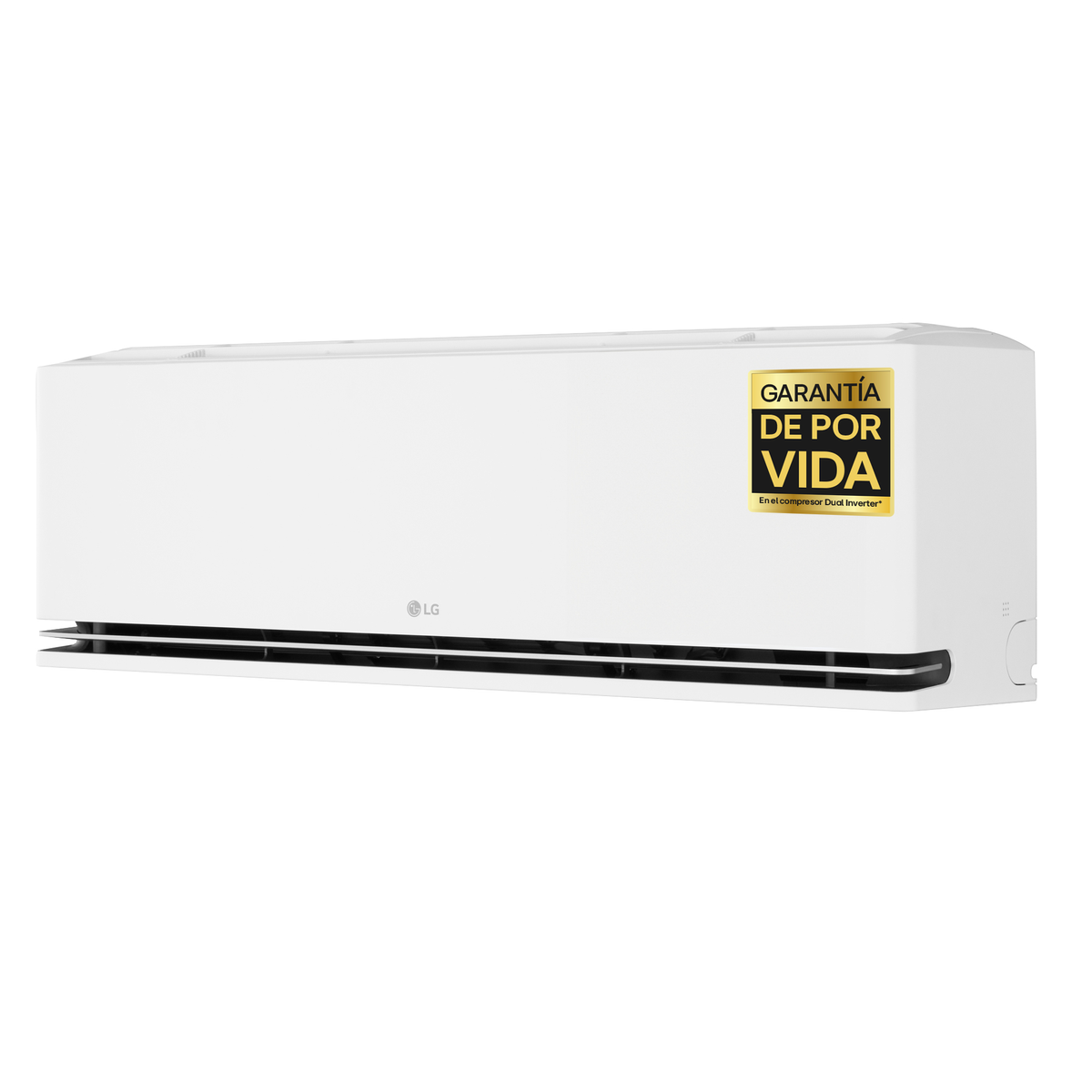 Aire acondicionado LG blanco con pegatina de garantía a la derecha.