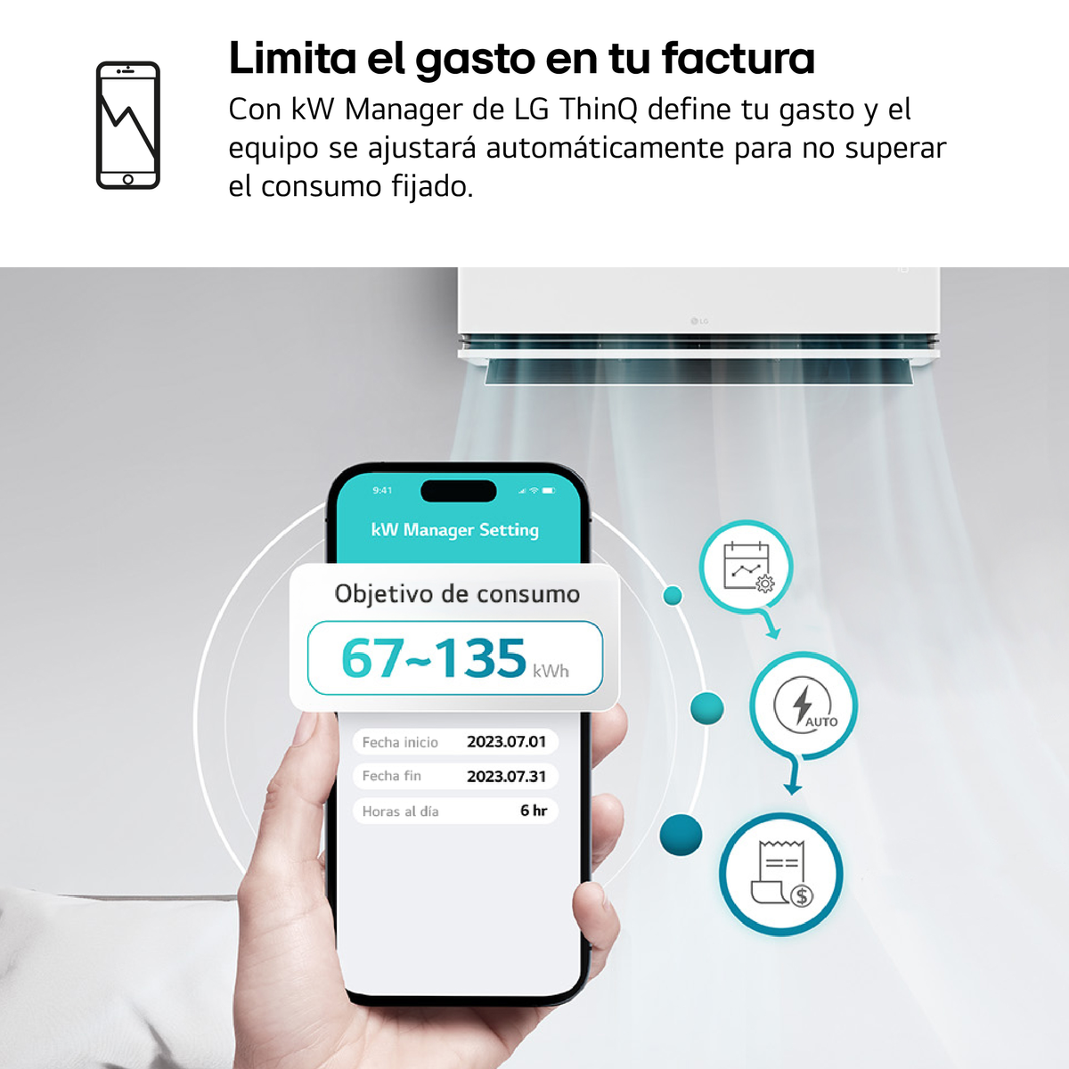 Un smartphone muestra la app LG ThinQ para controlar el consumo energético del aire acondicionado.