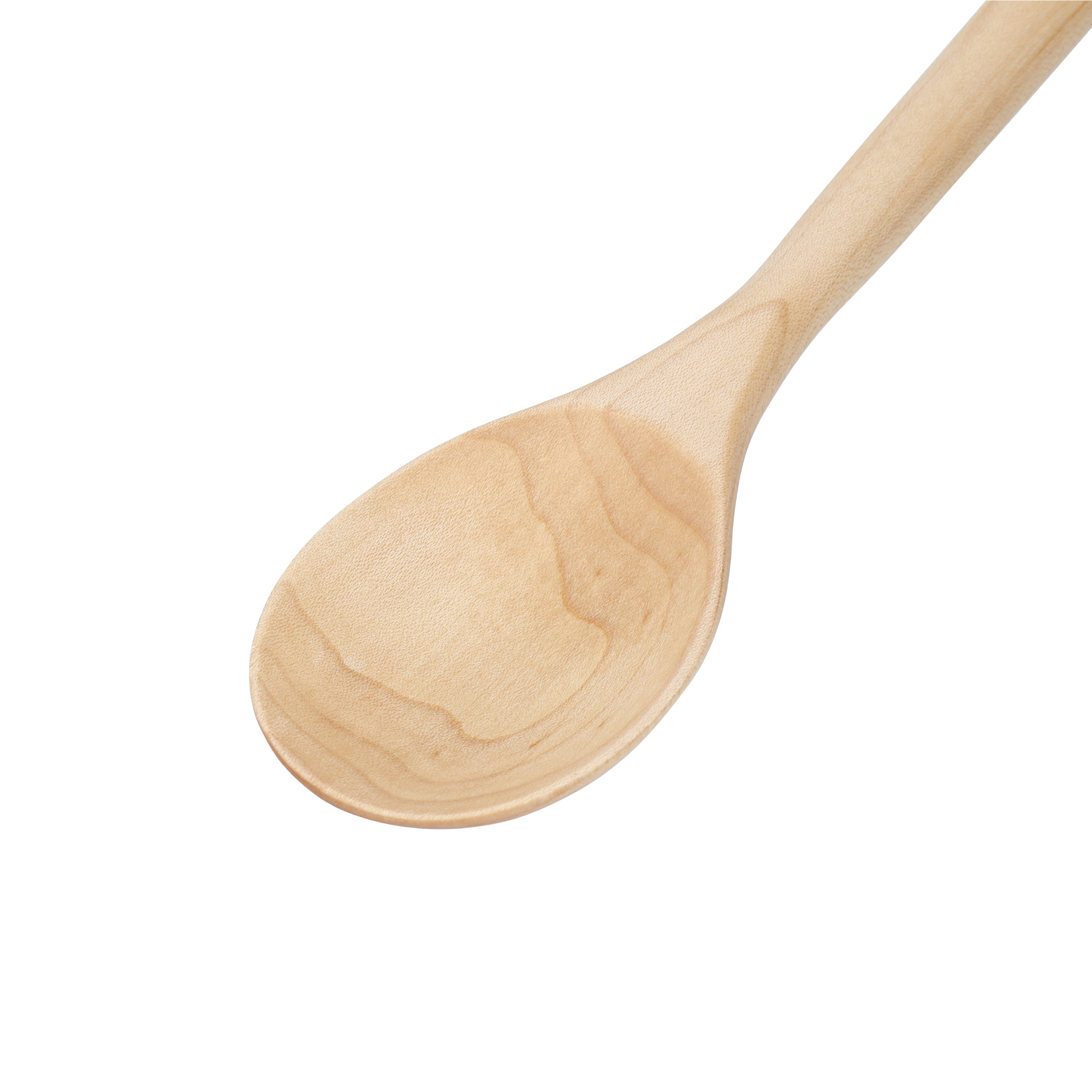 Ein heller Holzlöffel auf weißem Hintergrund.