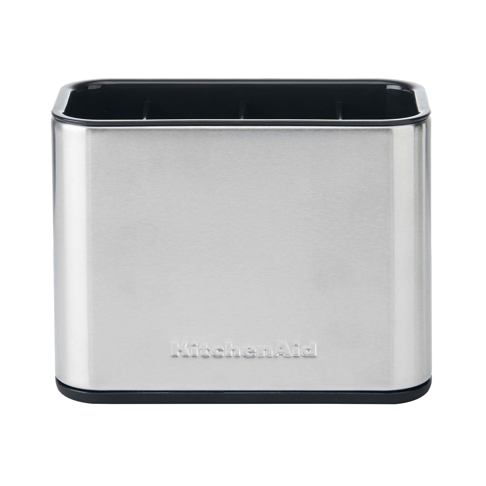 Ein silberner KitchenAid Utensilienhalter mit schwarzem Rand, auf weißem Hintergrund.