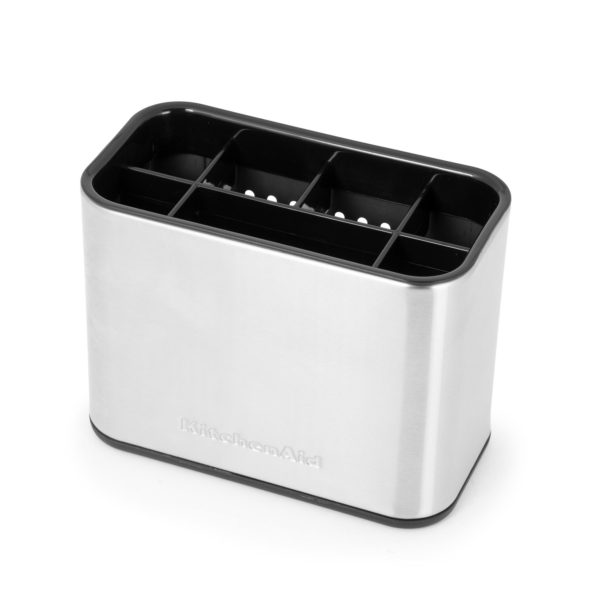 Ein silberner KitchenAid Utensilienhalter mit schwarzem Innenleben und Teilern.