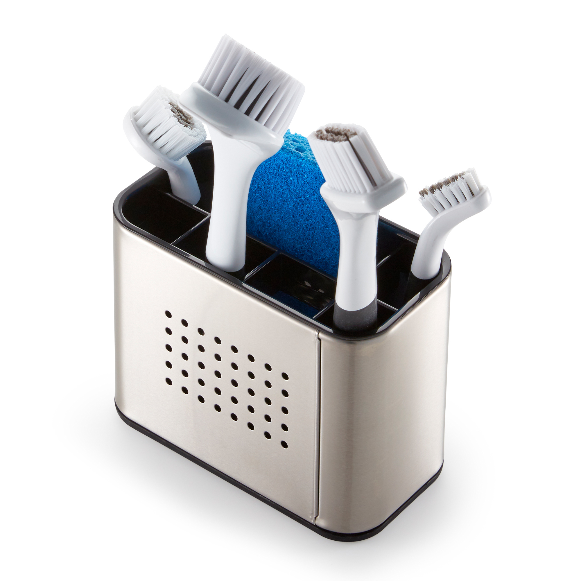 Ein Metallbehälter mit vier Bürstenköpfen und einem blauen Schwamm.