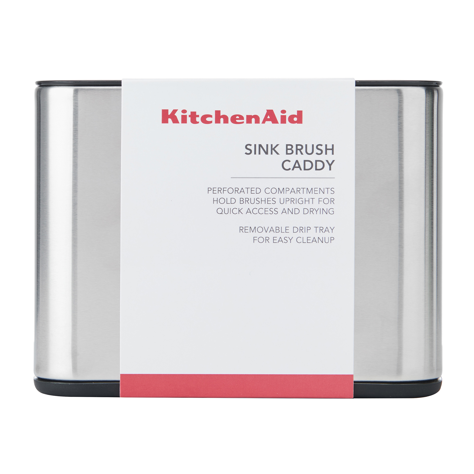 Ein silberner KitchenAid Spülbürstenhalter mit rotem Schriftzug und Produktinfos.