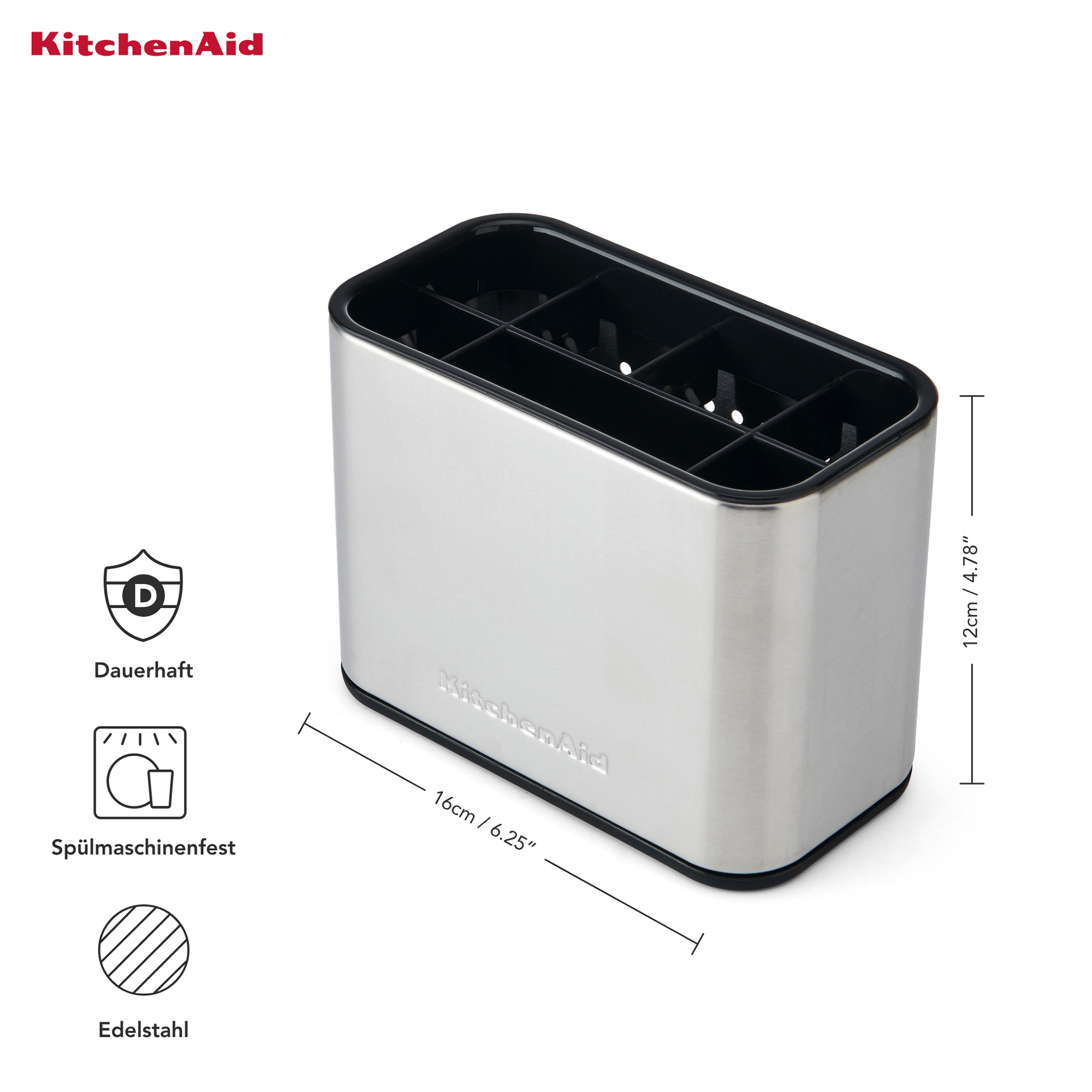 Ein silberner KitchenAid Utensilienhalter mit schwarzen Trennwänden.