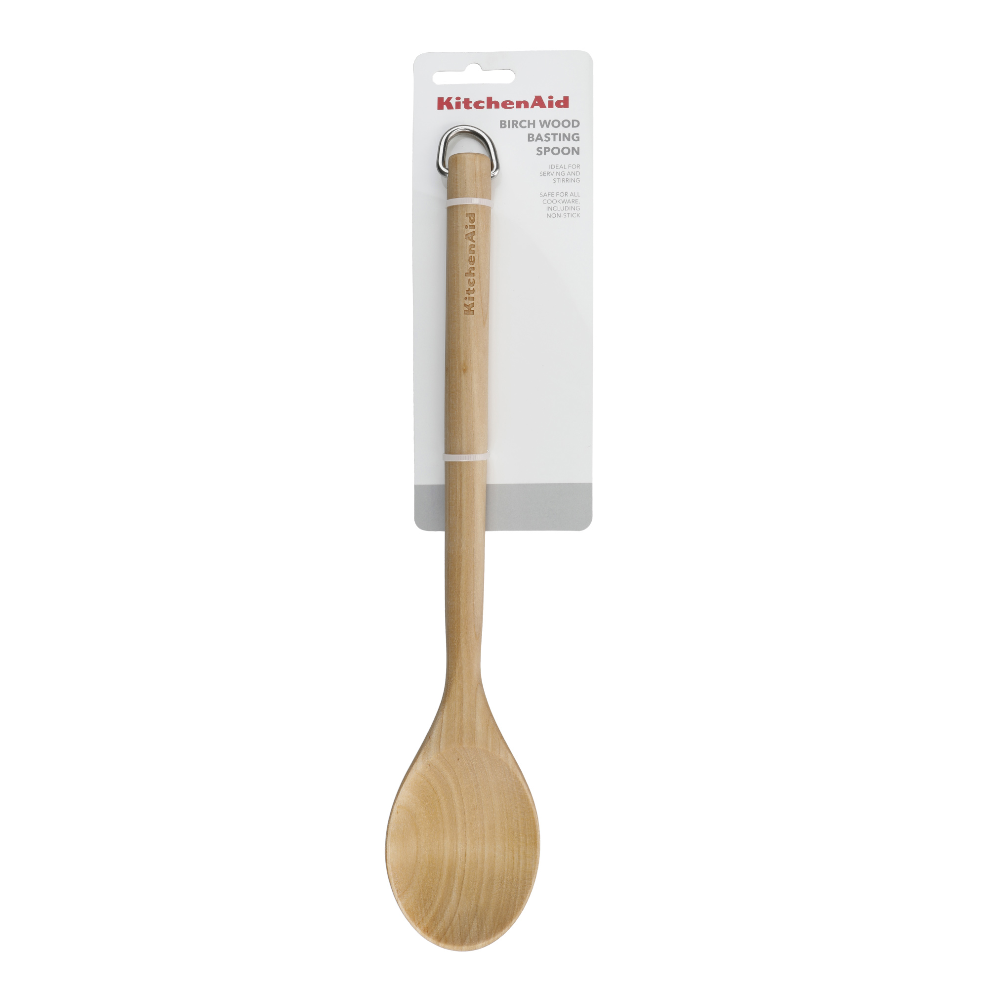 Ein hölzerner Kochlöffel von KitchenAid mit Aufhängering und Produktinformationen.