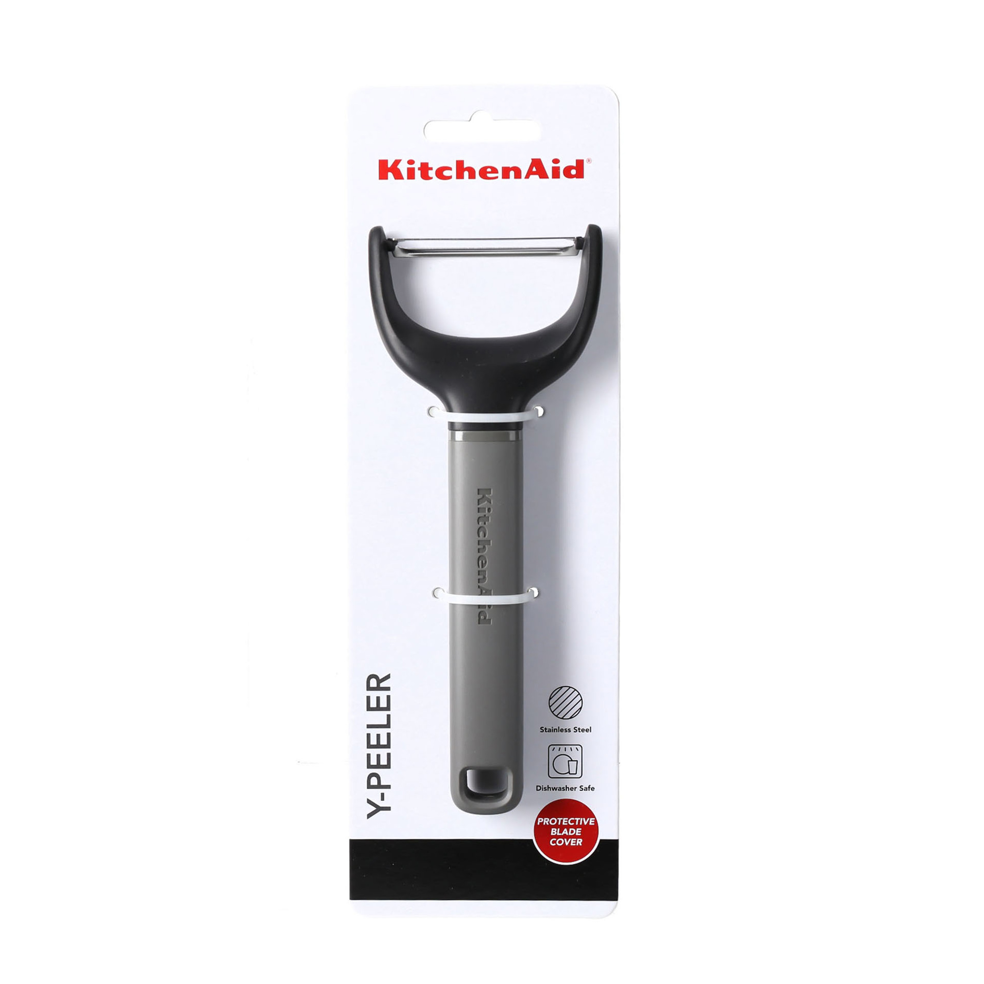 KitchenAid Y-Schäler mit schwarzem Griff und Edelstahlklinge in Verpackung.