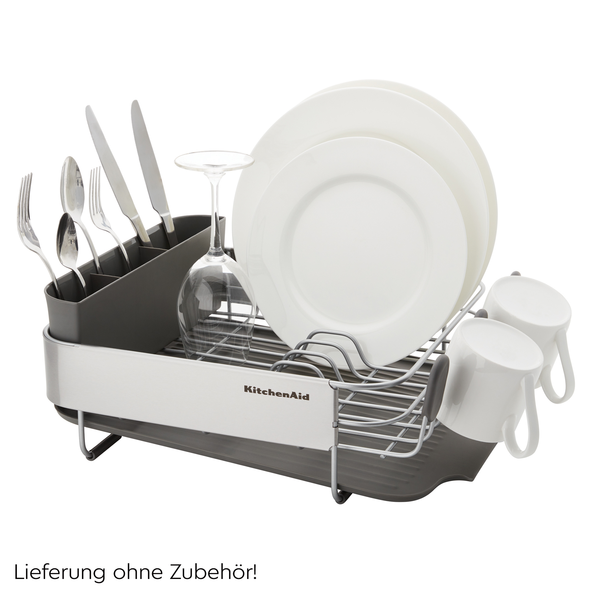 Ein Abtropfgestell mit Geschirr, Besteck und Gläsern.