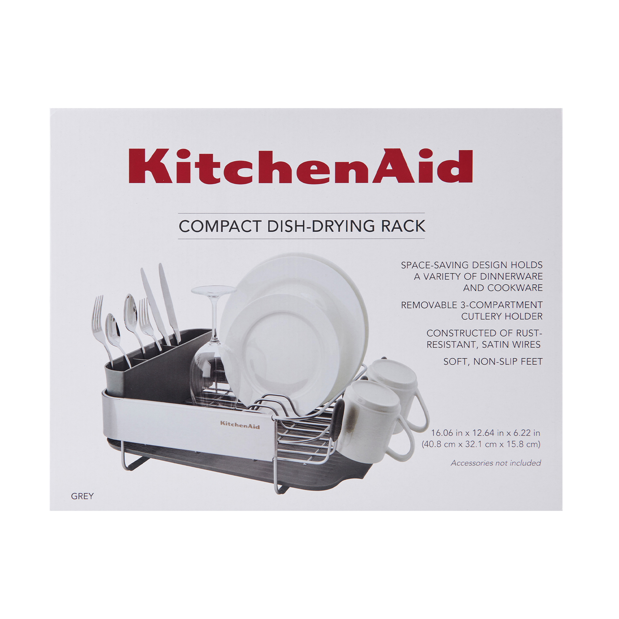 Grauer KitchenAid Geschirrkorb mit Tellern, Gläsern und Besteck.