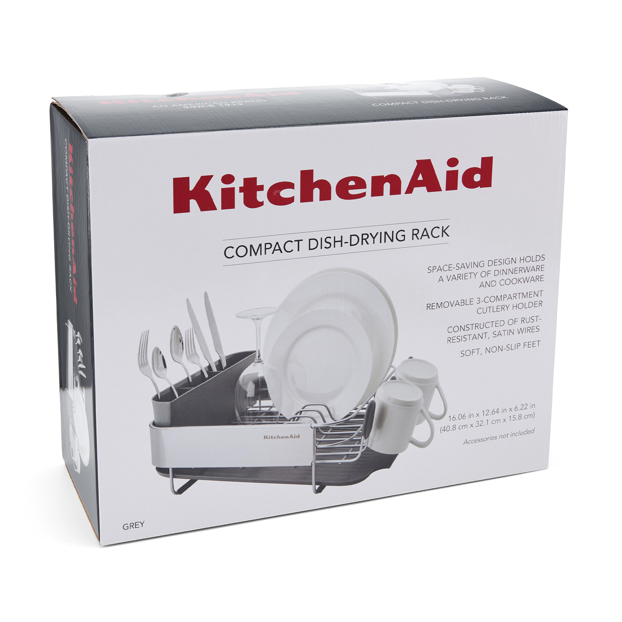Verpackung für ein graues KitchenAid Geschirrgstell mit Platz für Teller, Gläser und Besteck.