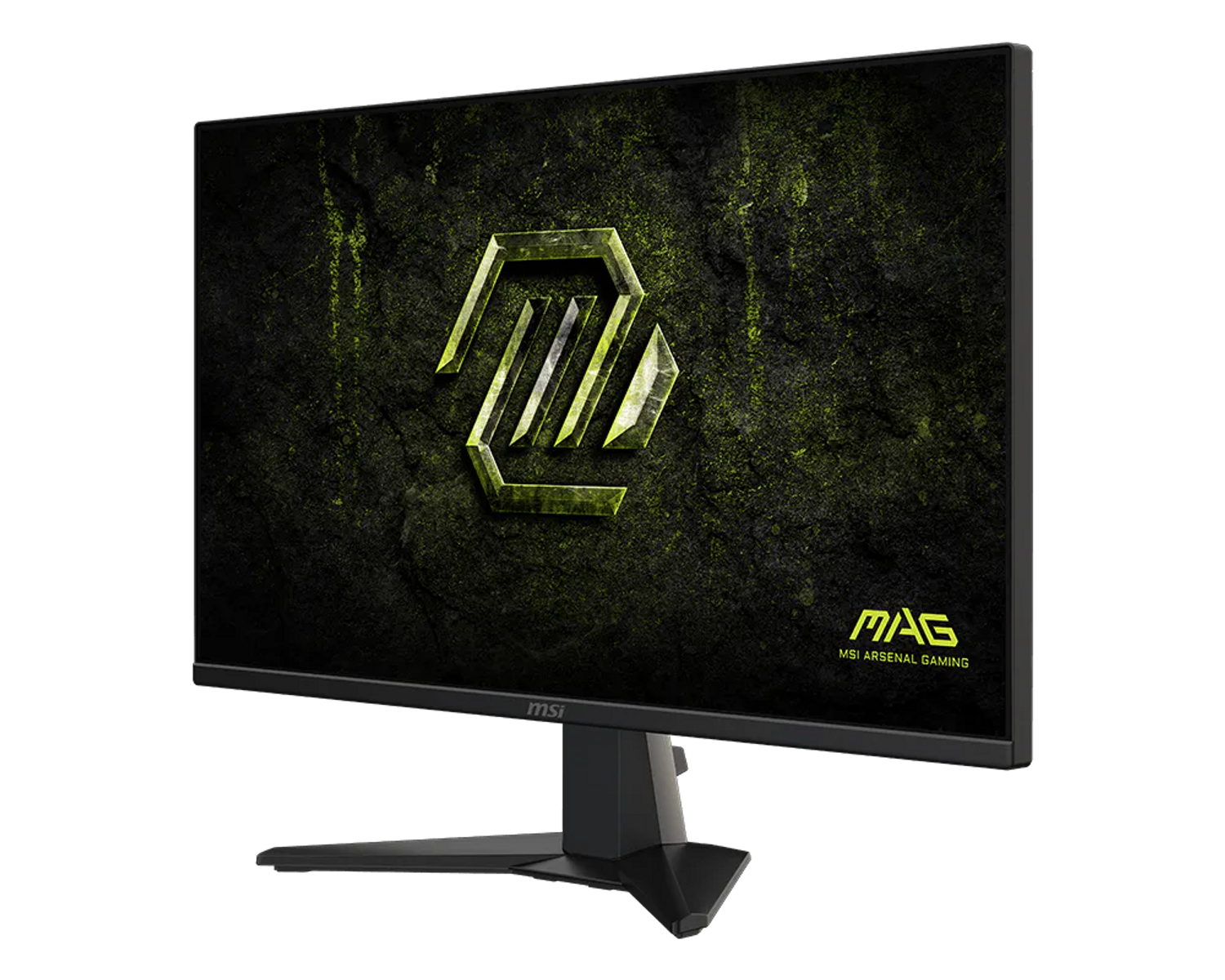 Un monitor da gaming MSI nero con sfondo testurizzato verde e loghi.