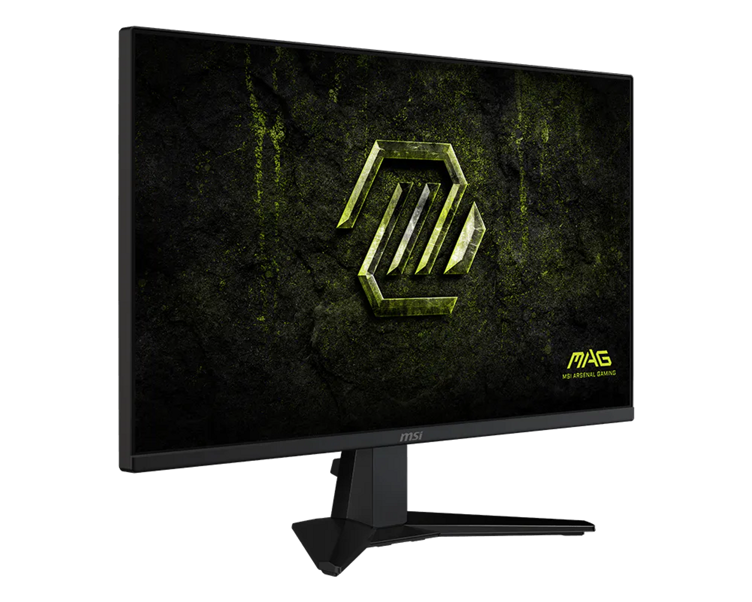 Un monitor gaming MSI con logo verde su sfondo nero testurizzato.